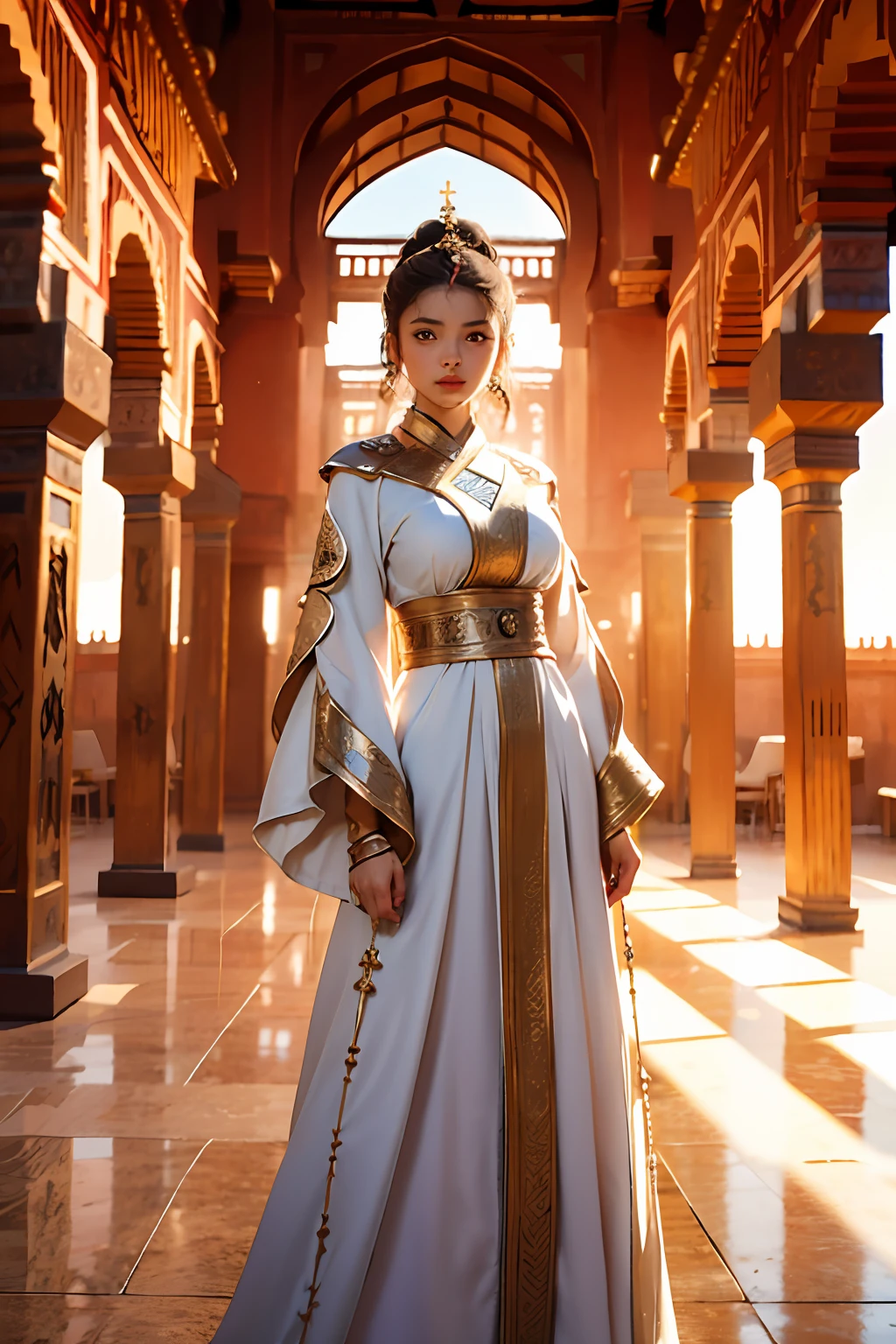 beste-Qualit, master piece, ultra highres, (photoreallistic: 1.4), xiuxian, arme, face detailed, 1fille, portant caftan marocain couvre son corps , belle fille, corps complet, moroccan architecture, gaine, architecture,