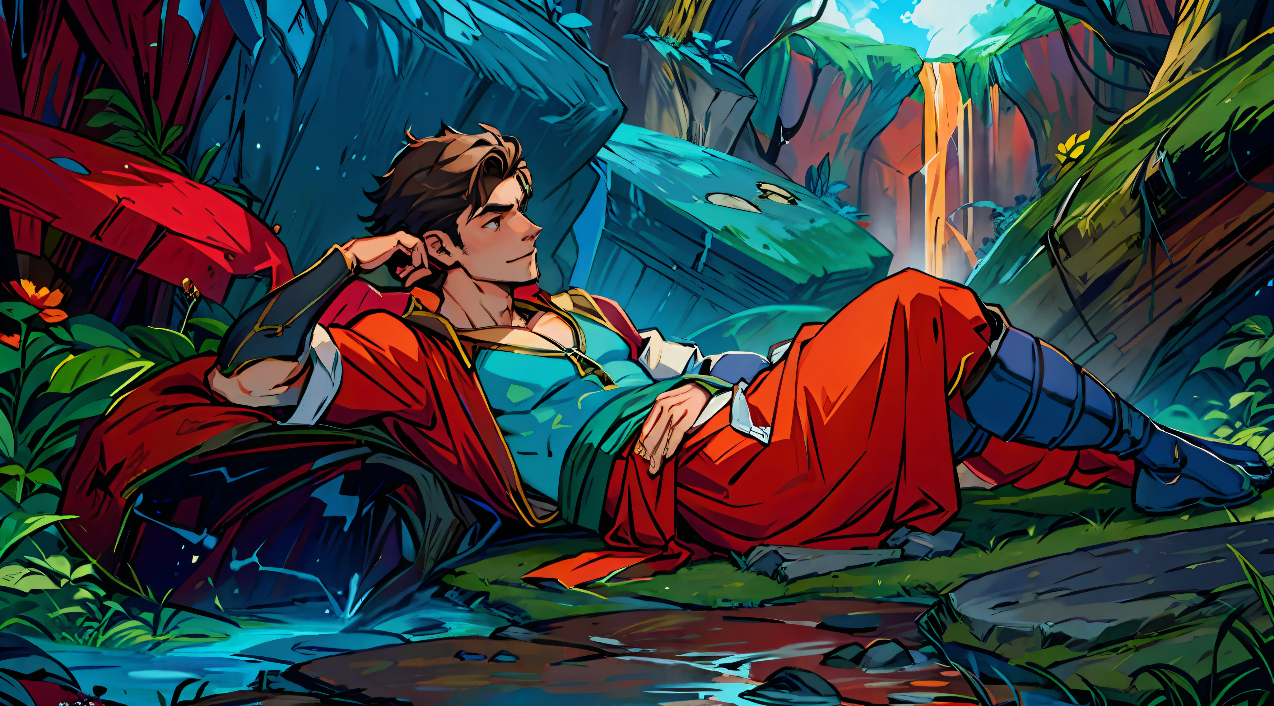 Hero's clothes,cloaks,Cloak,Handsome clothes,Leaning against the stone,Hands dragging their heads,solo person,male people