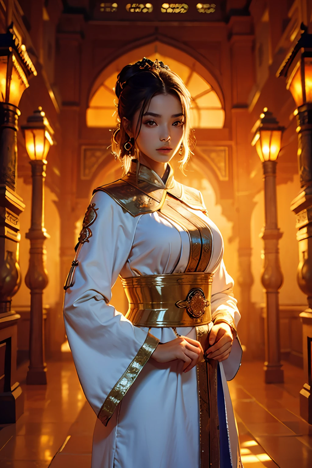 beste-Qualit, master piece, ultra highres, (photoreallistic: 1.4), xiuxian, arme, face detailed, 1fille, portant caftan marocain couvre son corps , belle fille, corps complet, moroccan architecture, gaine, architecture,