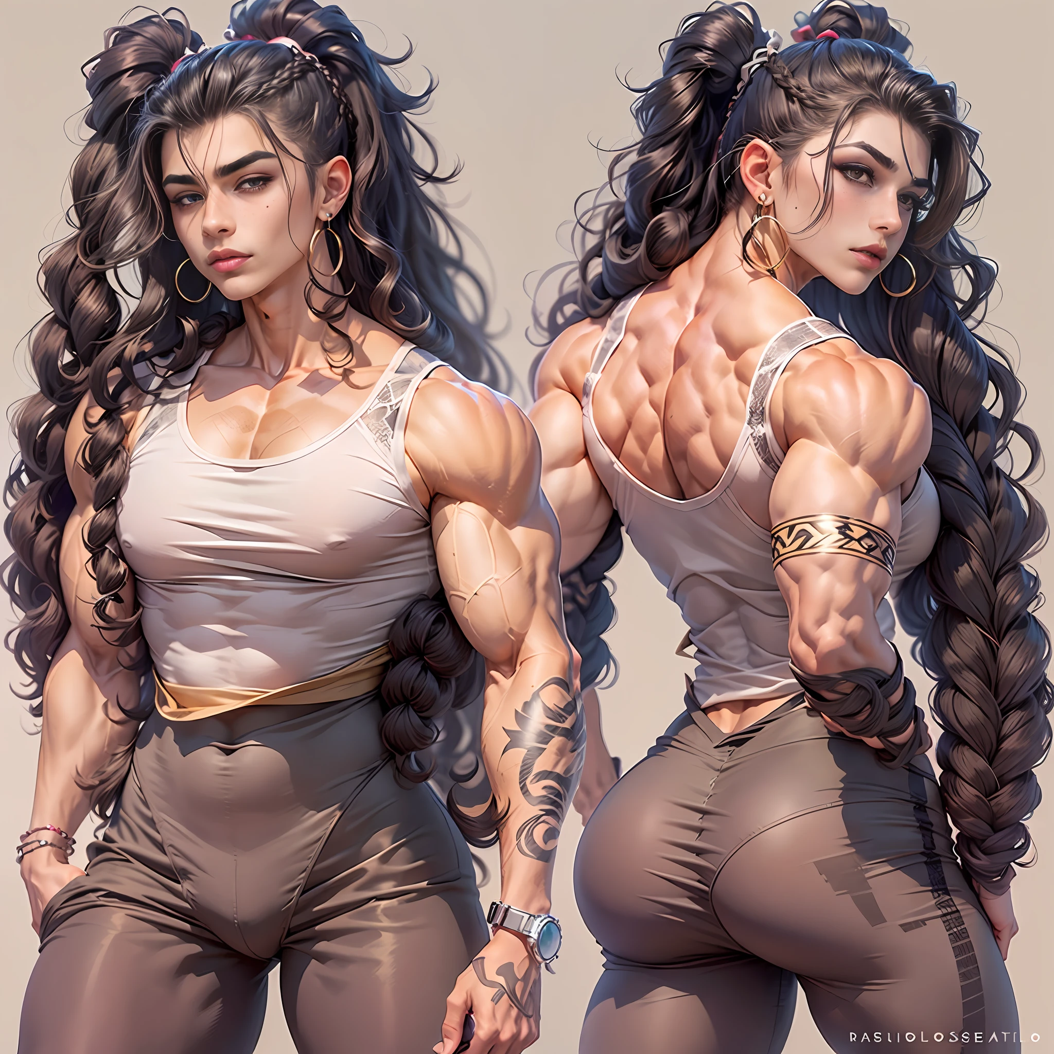 (((((Exquisitely defined muscular femboy bodybuilder with long braided black hair wearing feminine clothes, crossdressing))))), (((((Wow, I thought that guy was a beautiful girl!))))), NSFW, full body, full-length portrait, 1boy, amber eyes, biceps, big bulge, huge bulge, backsack, big muscles flat chest, black hair, blush, clothes pull, crossdressing, tied hair, ponytail, braided ponytail, curled hair, curly hair, curvy, drill curls, ear piercing, ear rings, earrings, eyeliner, eyeshadow, fat mons, femboy, freckles, fupa, girly, girly boy, hoop earrings, jewelry, long eyelashes, long hair, long nose, looking sideways, makeup, male, male focus, mole under eye, mole above mouth, muscular, muscular male, otoko no ko, parted bangs, parted lips, ringlets, sanpaku, tsurime, slightly chubby, solo, solo male, stocky, swept bangs, tan, tanned, thick eyebrows, thick neck, thick thighs, trap, close-set eyes, yellow eyes