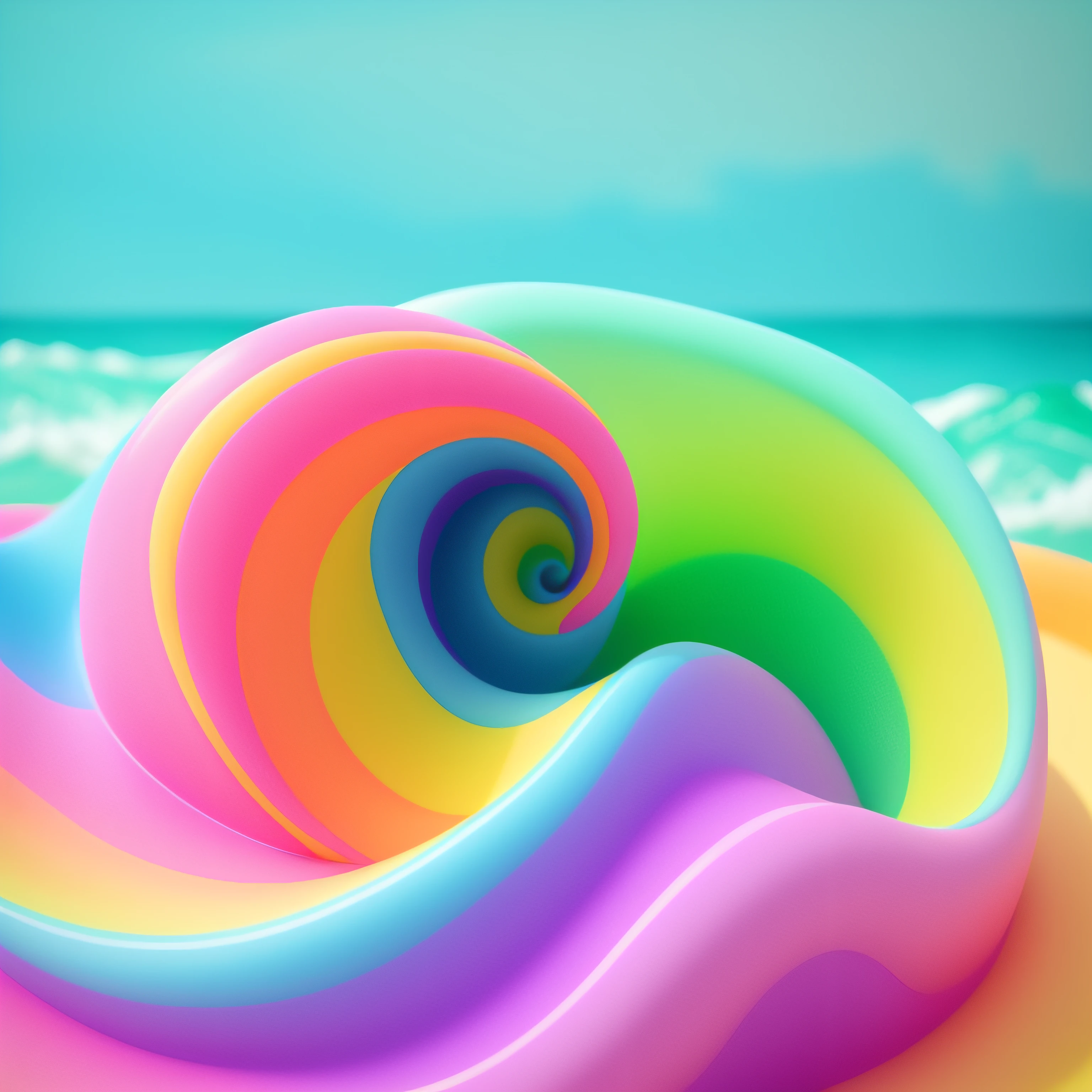 Close-up of a colorful object with waves in the background, pastel colourful 3 d, pastelwave, pastel overflow, candy pastel, colorful pastel, pastel colorful mold, candy color, colourful slime, colorful digital painting, vibrant pastel colors, pastel cute slime, Soft and vivid colors, Soft and vivid colors, bright pastel color, Psychedelic waves, pastel coloring