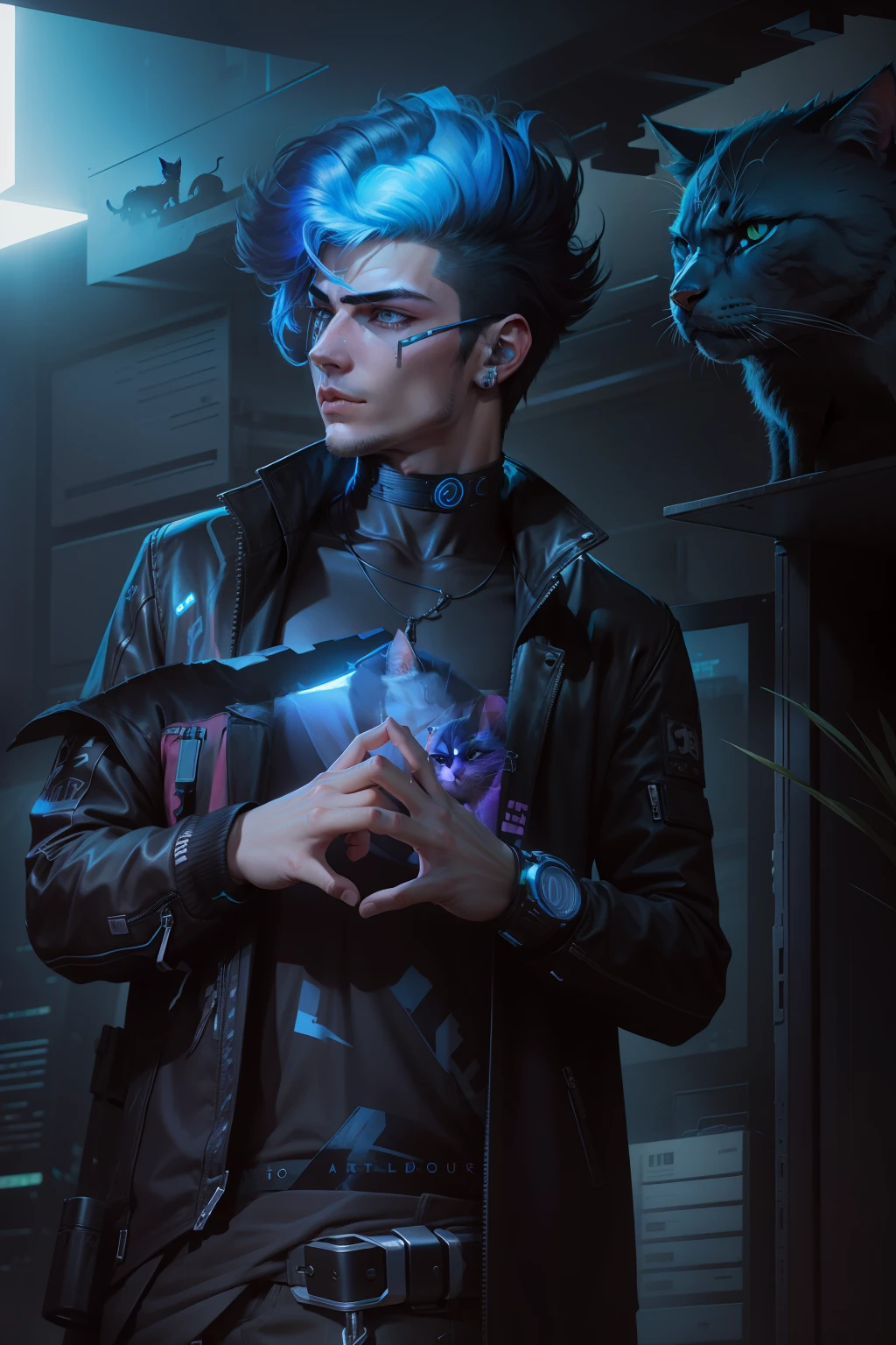 Cyberpunk handsome boy ultra realistic with cat --v 4