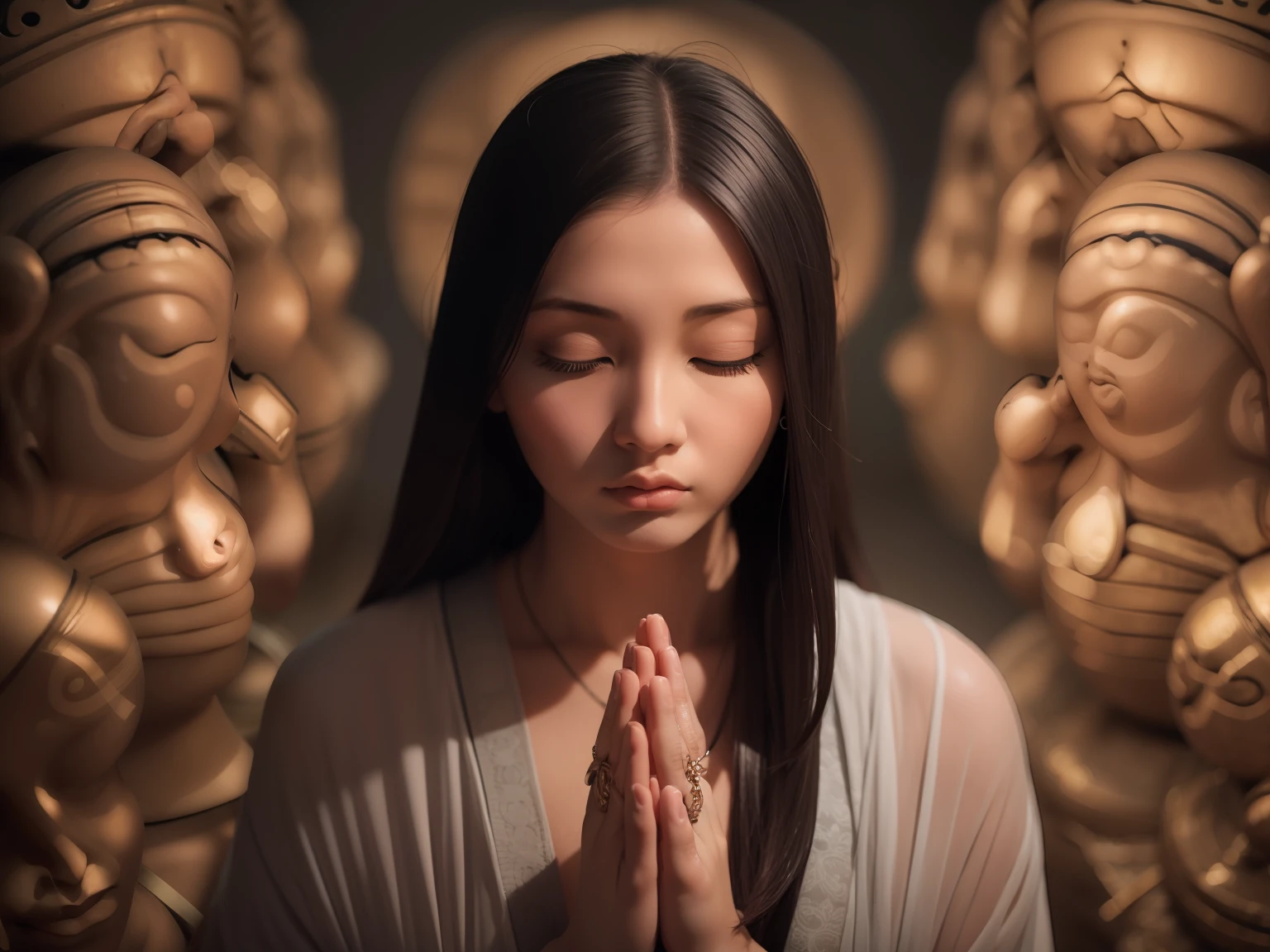 Woman Praying Huza monks the buddha, Bald, eyeballs, wide eyes, Serious,European beauties, high detailing, romanticism, Backlighting,