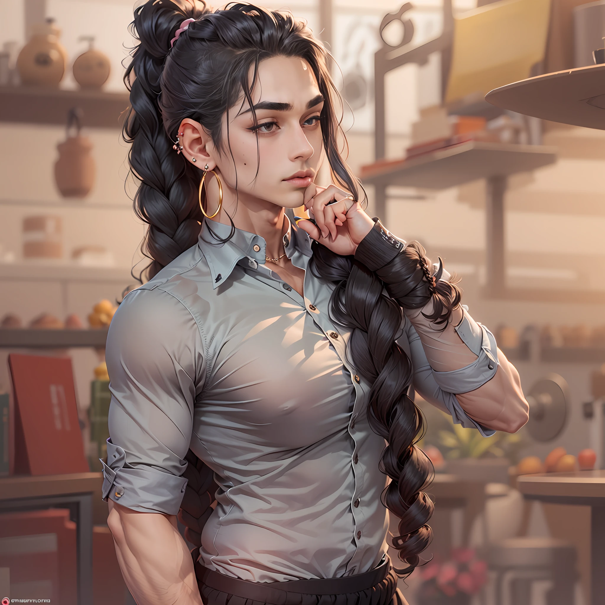 (((((Exquisitely defined muscular femboy bodybuilder with long braided black hair wearing feminine clothes, crossdressing))))), (((((Wow, I thought that guy was a beautiful girl!))))), NSFW, full body, full-length portrait, 1boy, amber eyes, biceps, big bulge, huge bulge, backsack, big muscles flat chest, black hair, blush, clothes pull, crossdressing, tied hair, ponytail, braided ponytail, curled hair, curly hair, curvy, drill curls, ear piercing, ear rings, earrings, eyeliner, eyeshadow, fat mons, femboy, freckles, fupa, girly, girly boy, hoop earrings, jewelry, long eyelashes, long hair, long nose, looking sideways, makeup, male, male focus, mole under eye, mole above mouth, muscular, muscular male, otoko no ko, parted bangs, parted lips, ringlets, sanpaku, tsurime, slightly chubby, solo, solo male, stocky, swept bangs, tan, tanned, thick eyebrows, thick neck, thick thighs, trap, close-set eyes, yellow eyes