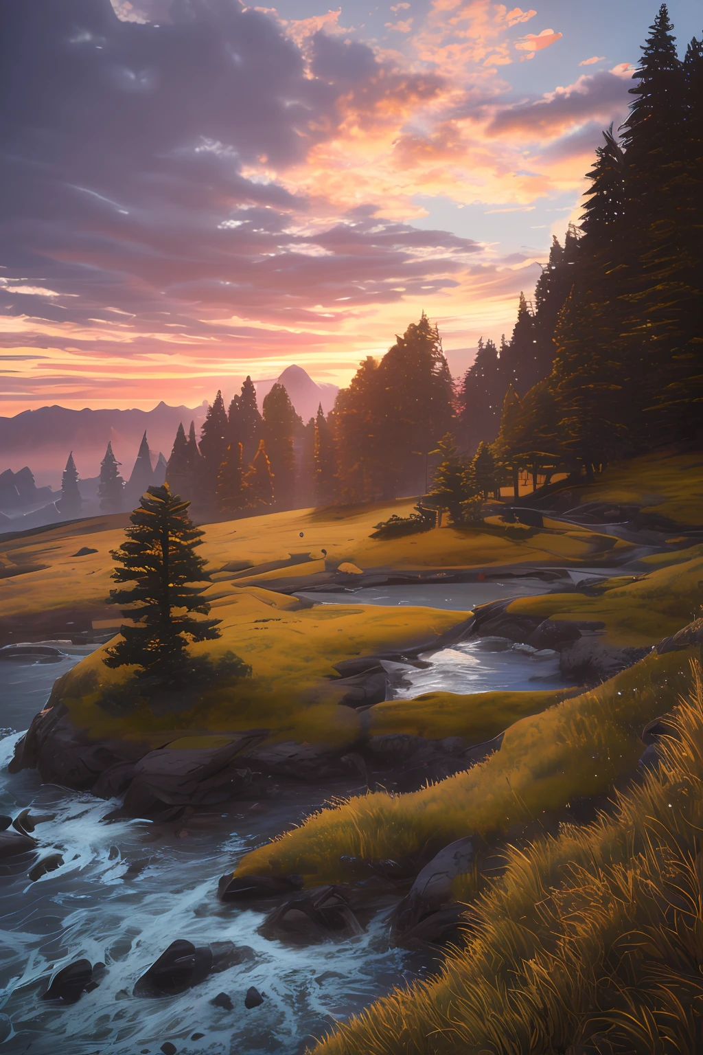 Stunning landscape photography with sunset view, Masterpiece, trending on CGsociety, 4k, 8K, HD, [Artstation:1], Concept art, Highly detailed, sharp-focus, [sub-surface Scattering:1], art by Gabriel Lekeghian and Abbas
