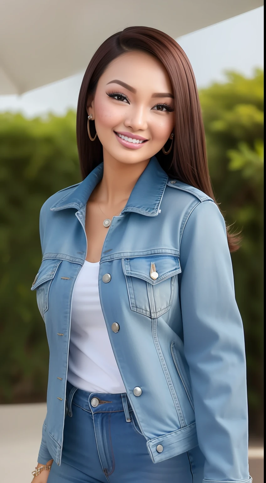 Neelofa, portrait, laughing, jeans jacket, freckles, (8k, RAW photo, best quality, masterpiece:1.2),ultra-detailed, (high detailed skin:1.2), 8k uhd, dslr, soft lighting, high quality,