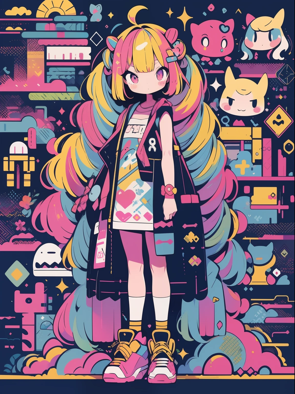 hightquality、Colorful color palette、high-level image quality、Kawaii Girl、Unprecedented amount of drawing、anime styled、Geometric pattern background、pose、sticker style、Long hair、light pink hair、purple eyes, drill hair