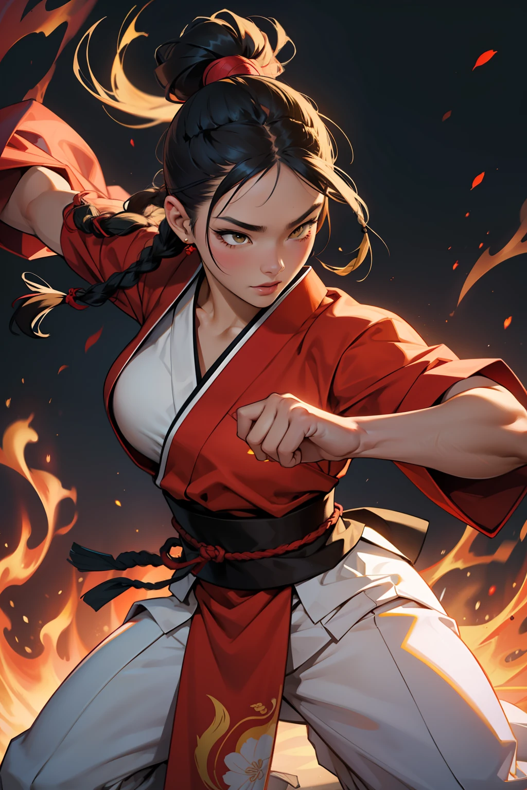 The facial features are clear and three-dimensional，Masterpiece，Highest quality，Oriental face，Oriental martial artist，one-girl，Gorgeous Japanese costumes，martial art，火焰，Yellow and red flames，Twist braids