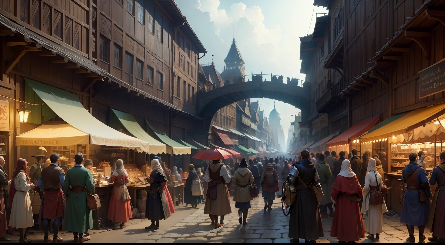 Crowded crowds,Dilapidated trade market,medieval times,Narrow paved roads,4k highly detailed digital art,Intricate, High detail, Sharp focus, Dramatic,