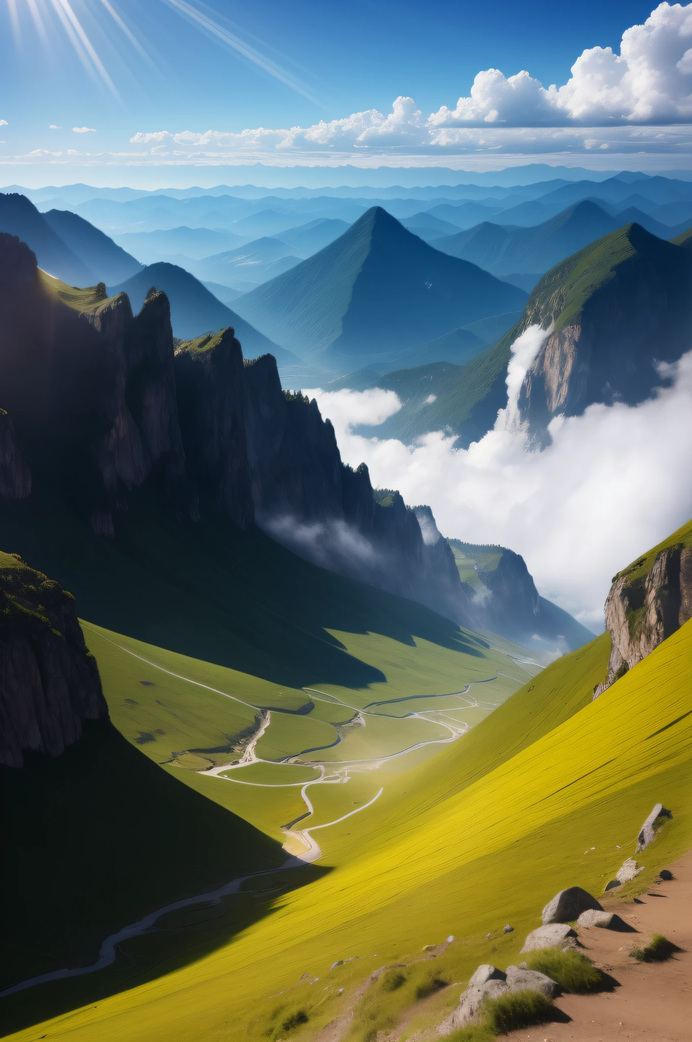 The cloudy,rays of sunshine,mountain ranges,blue-sky,rios,limpid,photorealestic,k hd。