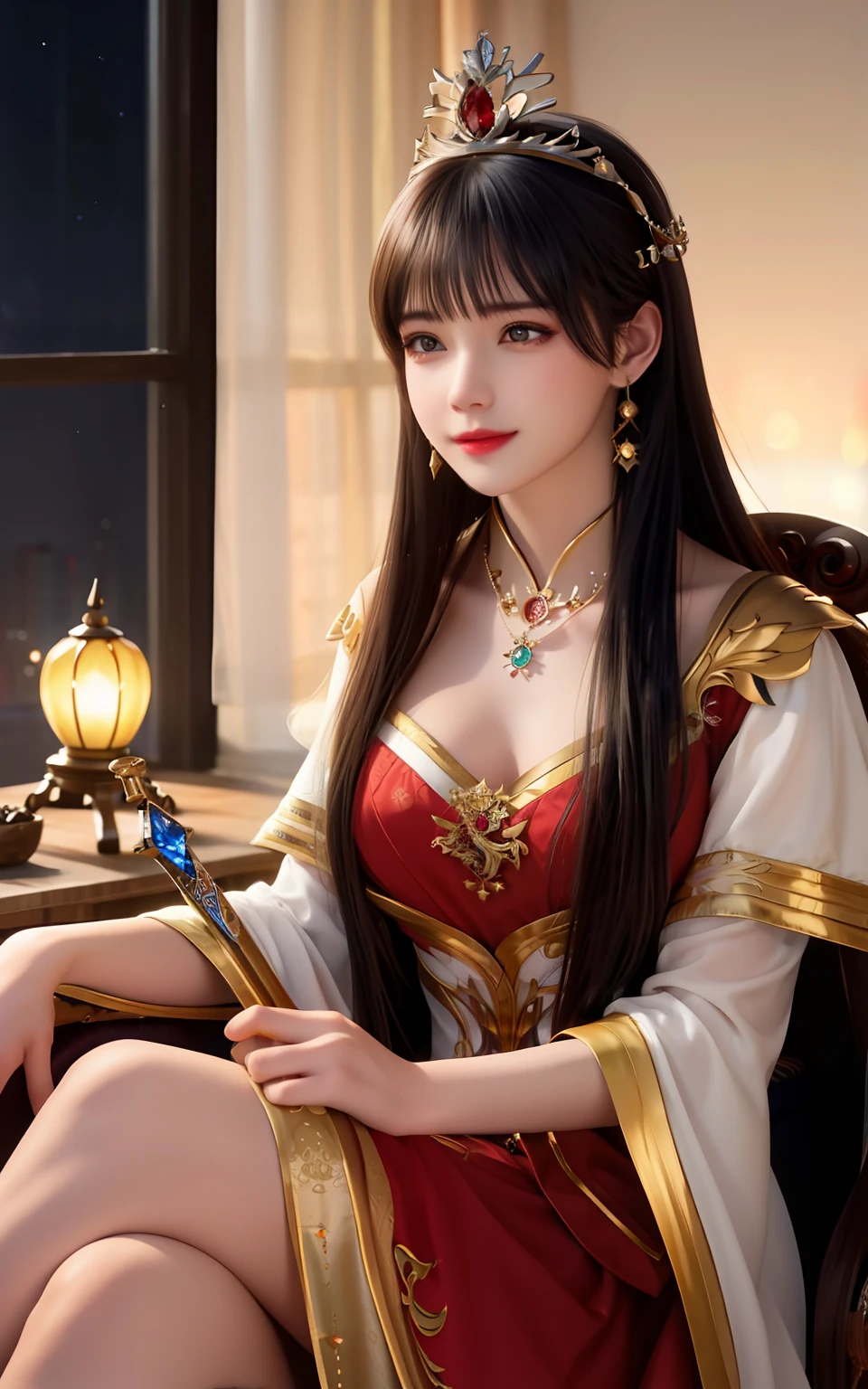 (realisticity: 1.2), best quality, 8K UHD, masterpiece, highres,cg,
1girl, queen, sword, sitting on a royal throne, long hair, wearing a beautiful and luxurious crown filled with diamonds, 
dress, solo, jewelry, red dress, earrings,hair ornament,splashing,upper body,hair bun,black hair,
lighting,candid,Photograph,high resolution,4k,8k,Bokeh,