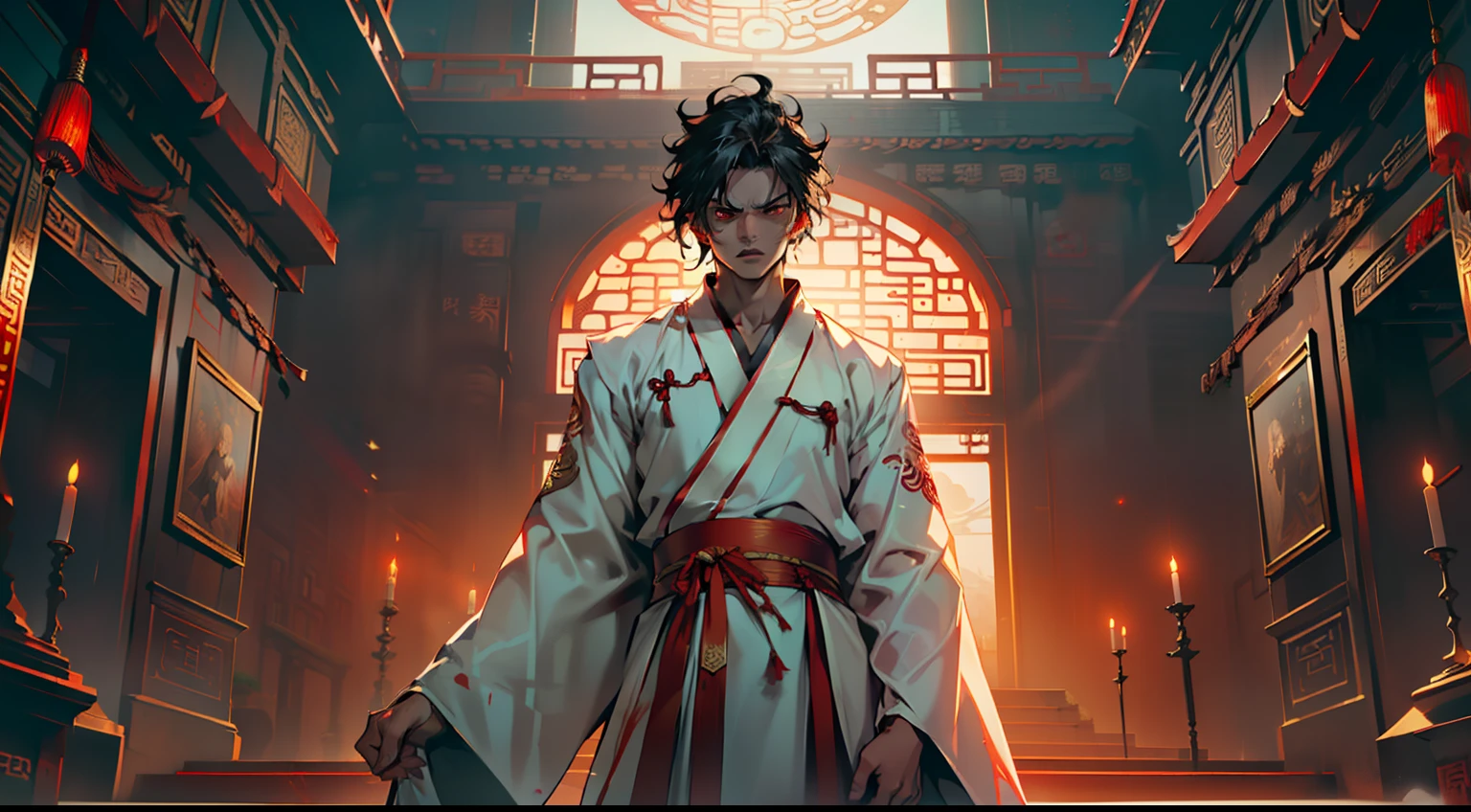17, (1 personne) (boy, (((Manteau noir))), ((Jeunes Hanfu noirs)), (((cheveux noirs))), Air royal, magnifique, beau, Exceptional temperament, flagrant, His blood-red eyes filled with anger) (background: Inside the sacred and beautiful former Chinese imperial palace).