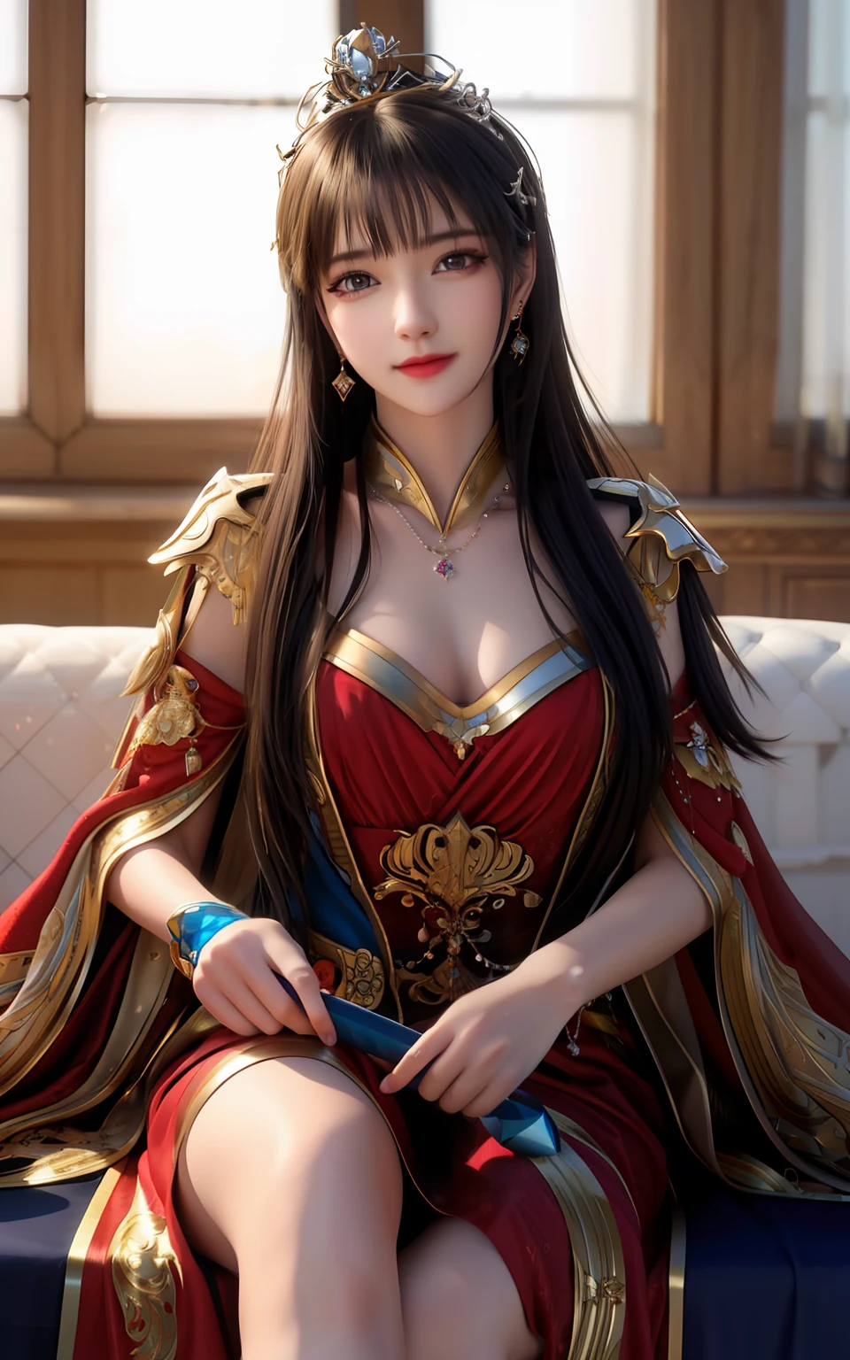 (realisticity: 1.2), best quality, 8K UHD, masterpiece, highres,cg,
1girl, queen, sword, sitting on a royal throne, long hair, wearing a beautiful and luxurious crown filled with diamonds,
dress, solo, jewelry, red dress, earrings,hair ornament,splashing,upper body,hair bun,black hair,
lighting,candid,Photograph,high resolution,4k,8k,Bokeh,