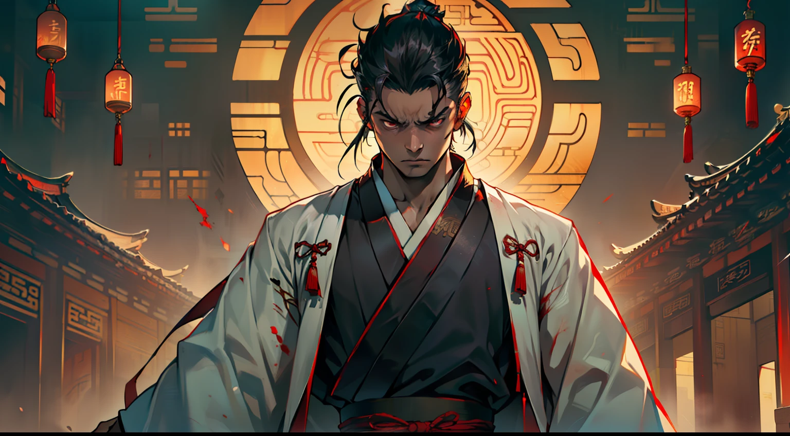 17, (1 personne) (boy, (((Manteau noir))), ((Jeunes Hanfu noirs)), (((cheveux noirs))), Air royal, magnifique, beau, Exceptional temperament, flagrant, His blood-red eyes filled with anger) (background: Inside the sacred and beautiful former Chinese imperial palace).