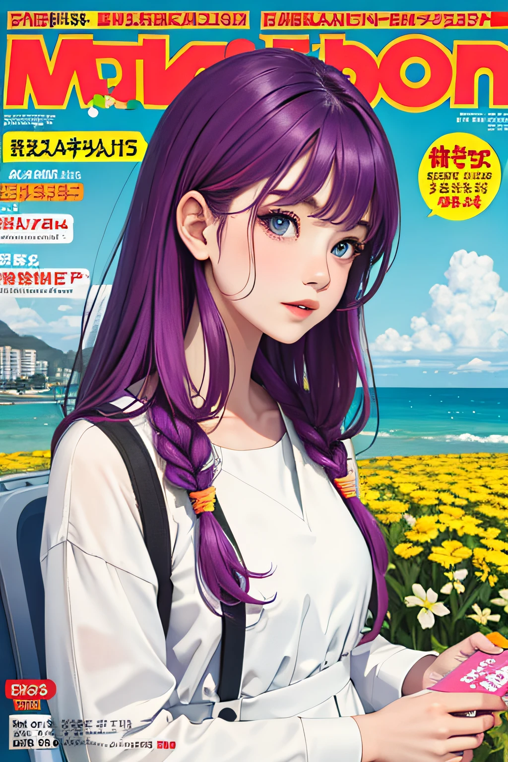 Masterpiece, Best quality, spring outfit, Colorful hair, Outdoor, MagazineCover ,Upper body,