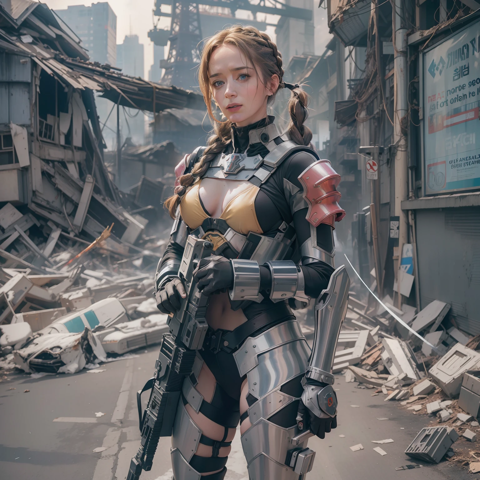 Emily Blunt (Dutch braided hair) in Evangelion armor behind a barricade, carrying a laser assault rifle in his hands, dinamic poses, olhar serio, Combates intensos, foto de corpo inteiro, Cyberpunk, mega tokyo, Fires and smoke, Nokia camera, modelshoot, corpo atletico, Post-apocalyptic Paris, Eiffel Tower destroyed, dia