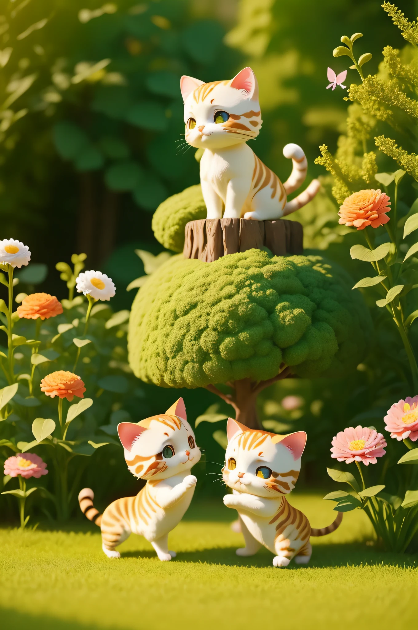 chibi, cute cats playing in the Garden, Flowers and butterflies, (Highest Quality, masterpiece:1.4),