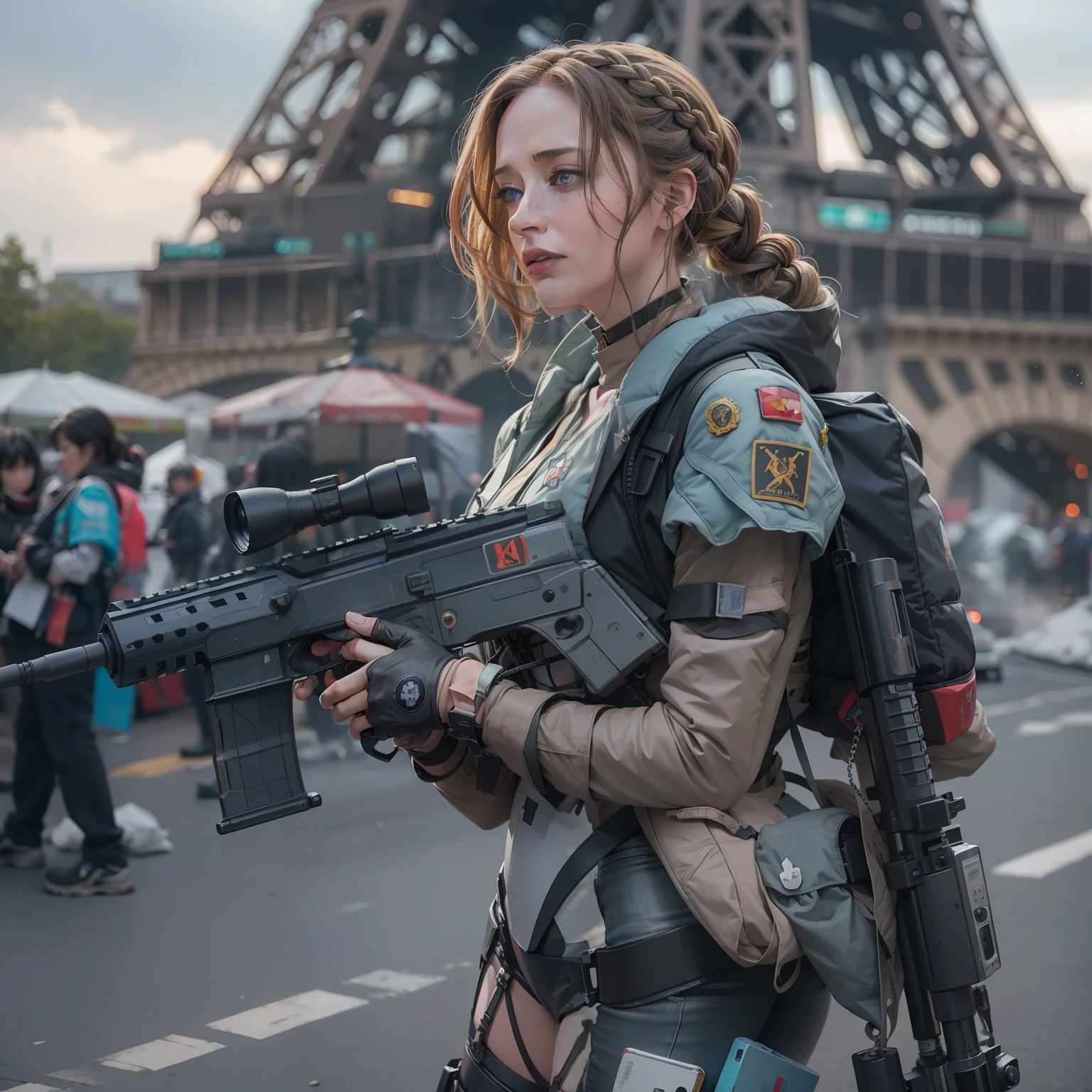 Emily Blunt (Dutch braided hair) in Evangelion armor behind a barricade, carrying a laser assault rifle in his hands, dinamic poses, olhar serio, Combates intensos, foto de corpo inteiro, Cyberpunk, mega tokyo, Fires and smoke, Nokia camera, modelshoot, corpo atletico, Post-apocalyptic Paris, Eiffel Tower destroyed, dia