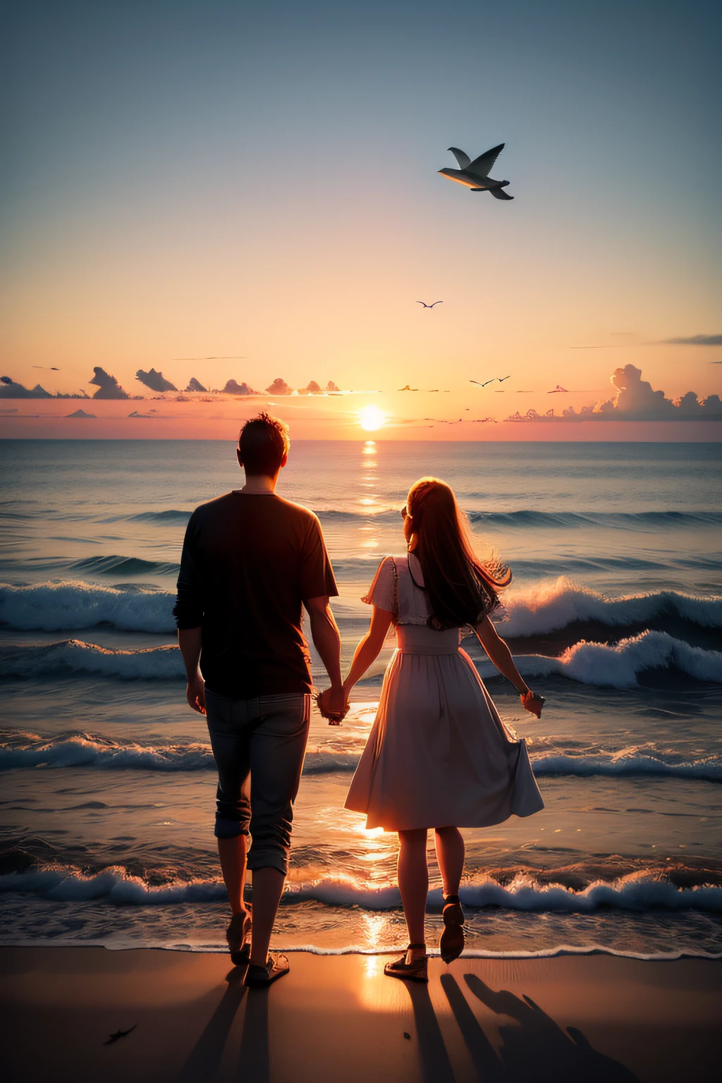 Sunset by the sea, flying dolphins in the sky, birds, on the ground, couples watching the sunset again