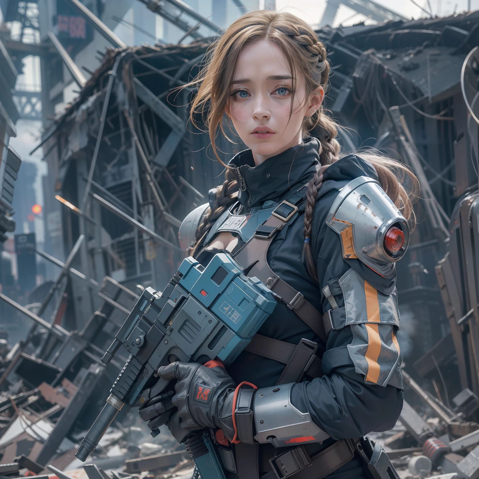 Emily Blunt (Dutch braided hair) in Evangelion armor behind a barricade, carrying a laser assault rifle in his hands, dinamic poses, olhar serio, Combates intensos, foto de corpo inteiro, Cyberpunk, mega tokyo, Fires and smoke, Nokia camera, modelshoot, corpo atletico, Post-apocalyptic Paris, Eiffel Tower destroyed, dia