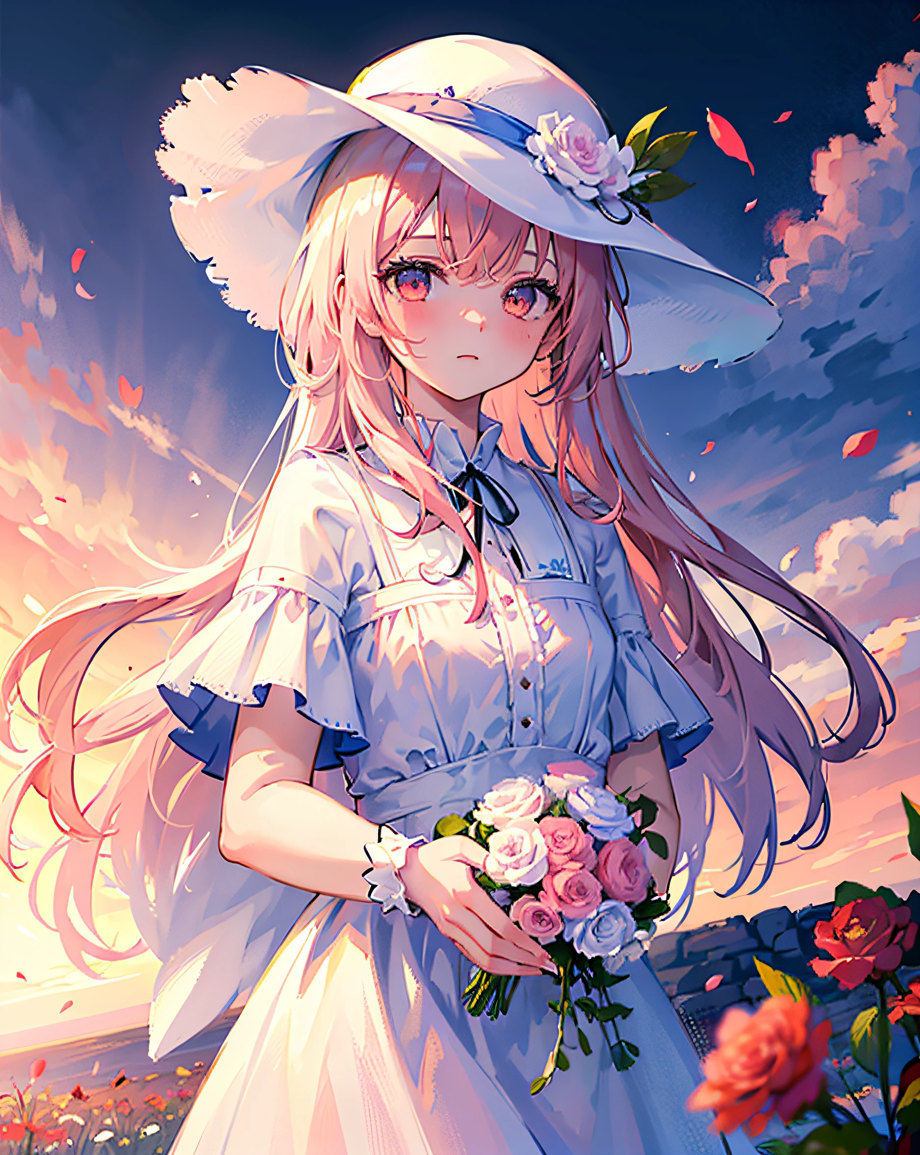 ((masterpiece, best quality)), 1girl, flower, solo, dress, holding, sky, cloud, hat, outdoors, bangs, bouquet, rose, expressionless, blush, pink hair, flower field, red flower, pink eyes, white dress, looking at viewer, midium hair, holding flower, small breasts, red rose, holding bouquet, sun hat, white headwear, depth of field