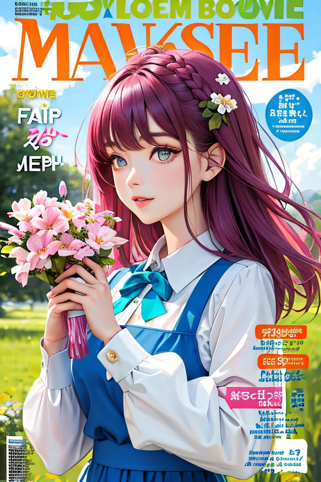 Masterpiece, Best quality, spring outfit, Colorful hair,  Outdoor, MagazineCover ,Upper body,