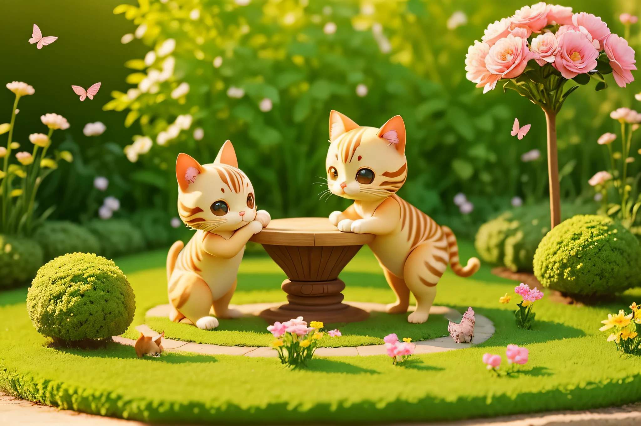 chibi, Cute cats playing in the garden, Flowers and butterflies, (Highest Quality, Masterpiece:1.4),