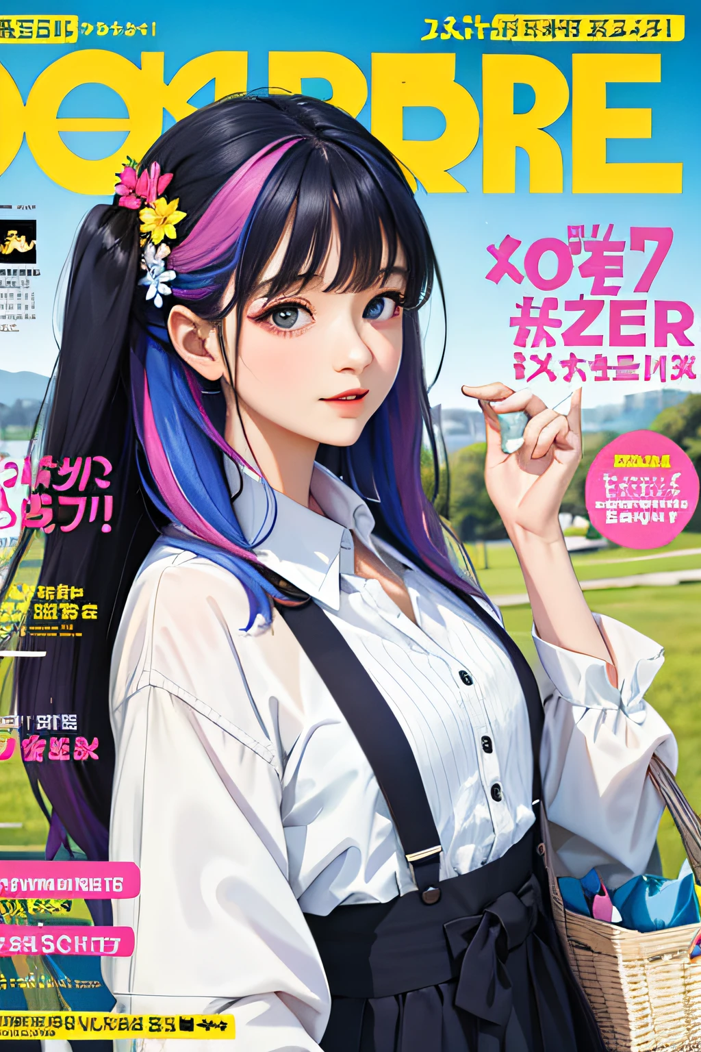 Masterpiece, Best quality, spring outfit, Colorful hair,  Outdoor, MagazineCover ,Upper body,