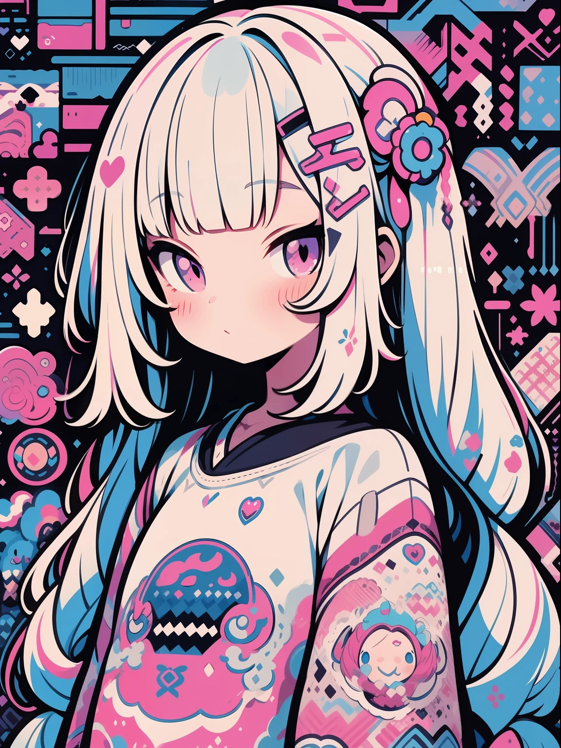 hightquality、Colorful color palette、high-level image quality、Kawaii Girl、Unprecedented amount of drawing、anime styled、Geometric pattern background、sticker style、Long hair、light pink hair、purple eyes, drill hair, front facing, posing, hands posing, lace