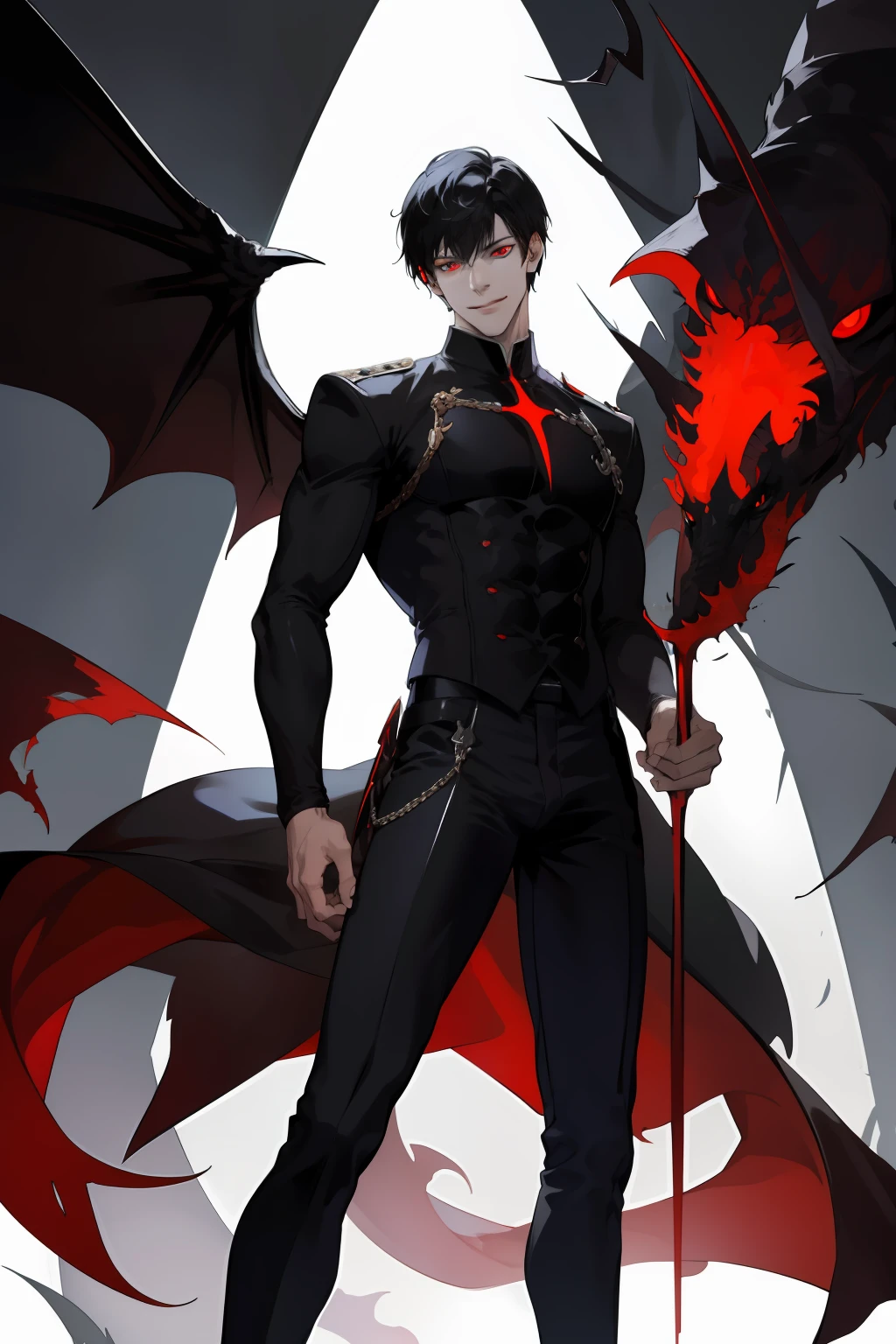 Valus is an ordinary demon standing at 1.75m tall. He has short black hair and red eyes. His skin is pale. He wears a black uniform with a white shirt underneath and black boots. Big bulge in pants. Flirty smile