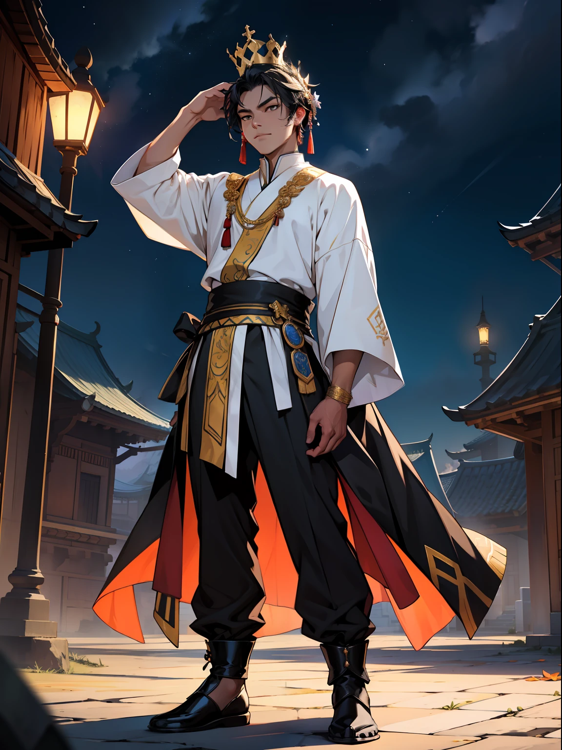 of a guy，Douluo Continent costume，Crown on head，Black hair，Mighty，standing on your feet，nigth，