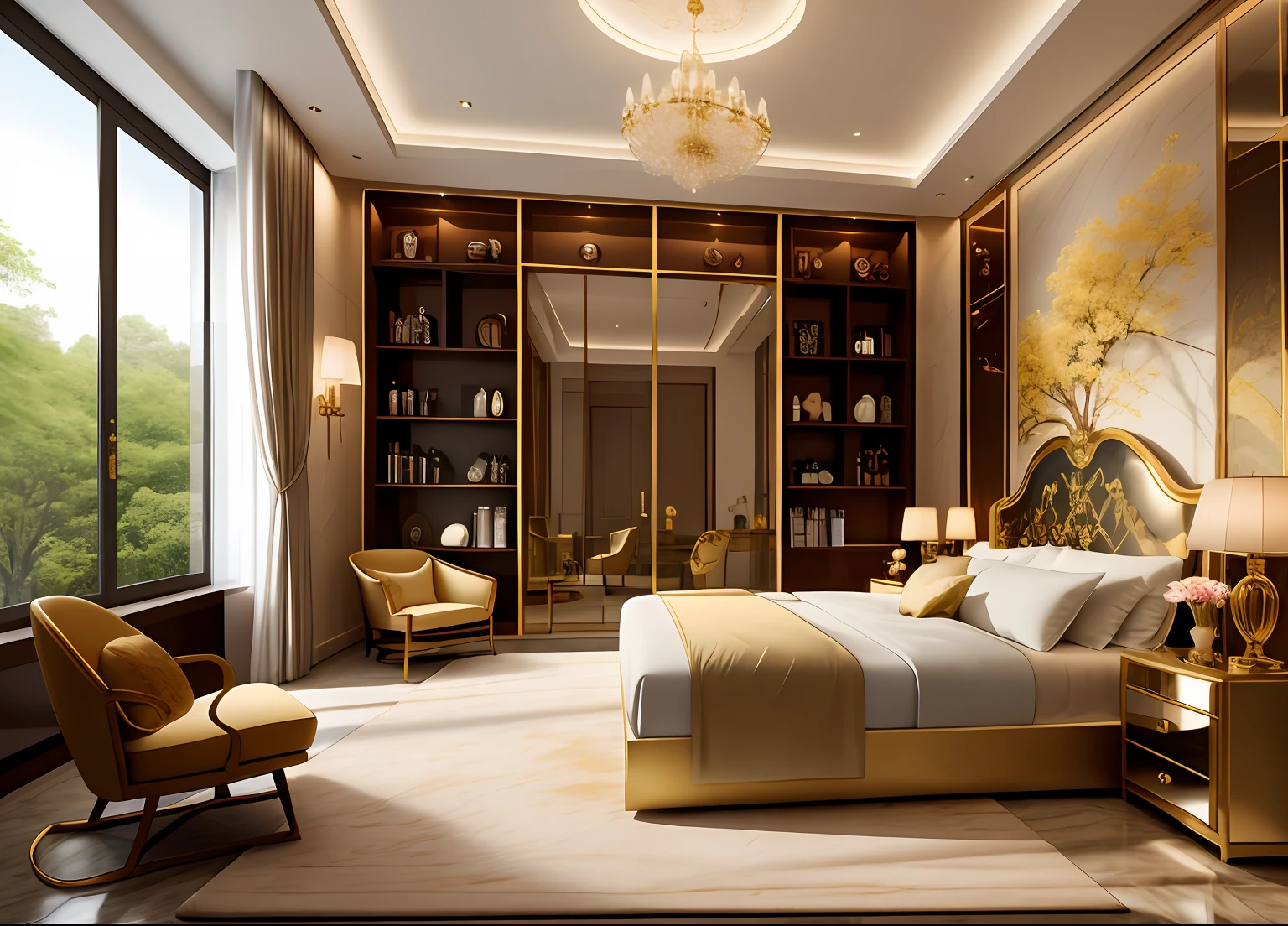 The whole room presents a noble and elegant atmosphere，Every detail exudes luxury and sophistication。 Sunlight shines through the windows on the soft fleece blanket，Bring a warm glow to the room。The floor beneath your feet is covered with soft and delicate carpets，You can feel the comfort of the soles of your feet every step。On the wall hangs a huge and ornate decorative painting，Painted with delicate flowers and gorgeous landscapes，Exudes an artistic touch。 The bed is the center of this room，It is wide and luxurious，Padded with golden silk bedding。At the head of the bed is a pair of delicate night lights，The warm and soft light makes the whole room look more inviting。On the night table next to the bed was a glass of champagne and a hardcover book，It gives you a little relaxation and enjoyment。 Facing the bed is a wide floor-to-ceiling mirror，The mirror is surrounded by delicate ornaments，Reflected in every corner of the room。Next to the mirror is a fine dresser，Cosmetic boxes and perfume bottles encrusted with precious gemstones are placed on it，It makes people feel endless gorgeousness。 In the corner of the room is a comfortable lounge chair，There is a small coffee table next to it，It is lined with delicate tea sets and fresh fruits。It is a corner where people can relax and rest，You can enjoy a moment of peace and ease here。 The whole room is filled with a light aroma，I don't know if it's a flower from the room or a high-end aromatherapy。Meticulous decorations、The luxurious furnishings and luxurious furnishings all show the owner's pursuit of taste and comfort。 In this luxurious bedroom，You feel endless dignity and elegance，Every detail exudes opulence and luxury，It makes you feel as if you are in a dream world