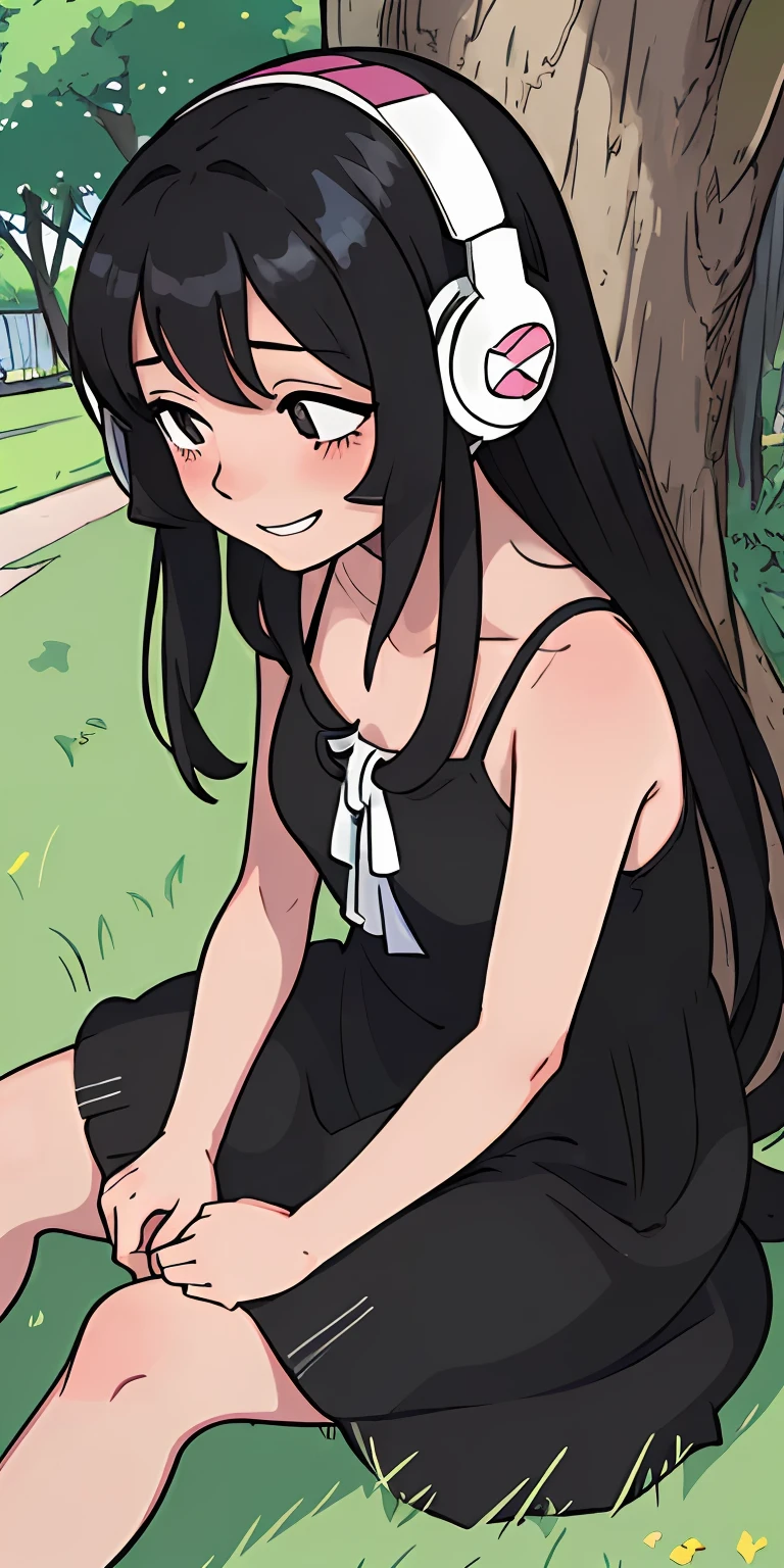 perfect anime illustration, extreme close-up portrait girl with black long hair sitting on the grass, near the tree, wearing a sundress, listening to music on headphones, ((shy expression)), (blushing)) ((seen from front)), smiling slightly, ((looking down))