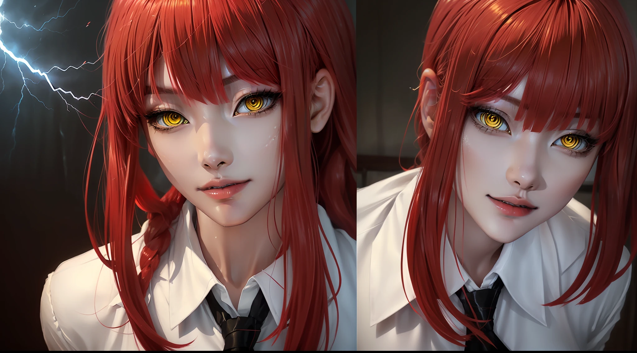 beautiful gorgeous Makima woman staring at the viewer, yellow eyes, sharp, red hair, white shirt, black tie, volumetric lightning, superdetailed, oily skin, different poses