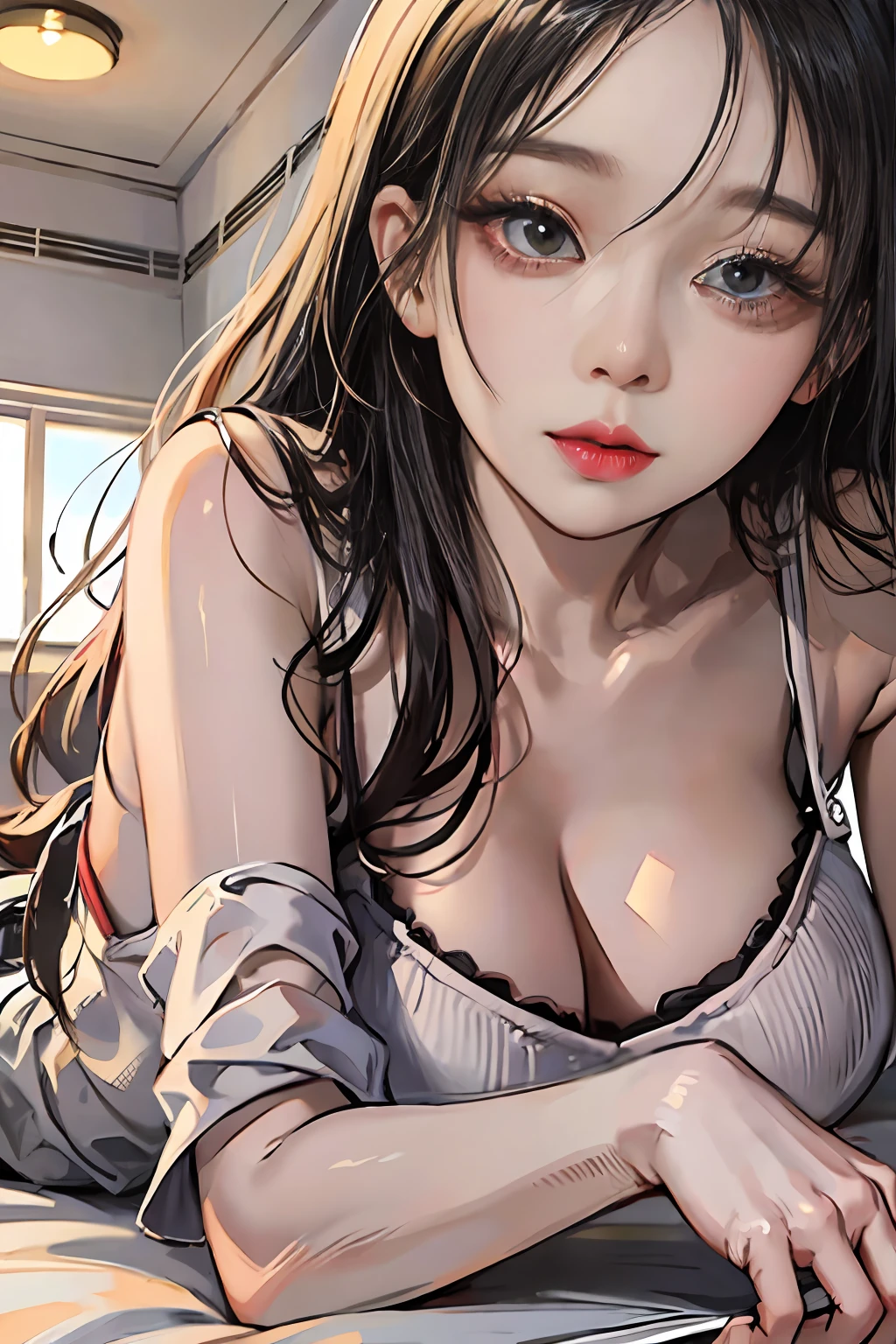 Top image quality、Raw photography、超A high resolution、Close-up of the face、Cute girl at 18 years old、Shooting for one person only、big round chest、cleavage of the breast、Camisole、Beautiful Eyes of Details、very elongated eyes、Beautiful eyelashes、Beautiful double eyelids、Lying face down on a large bed、White Wall Room、White ceiling