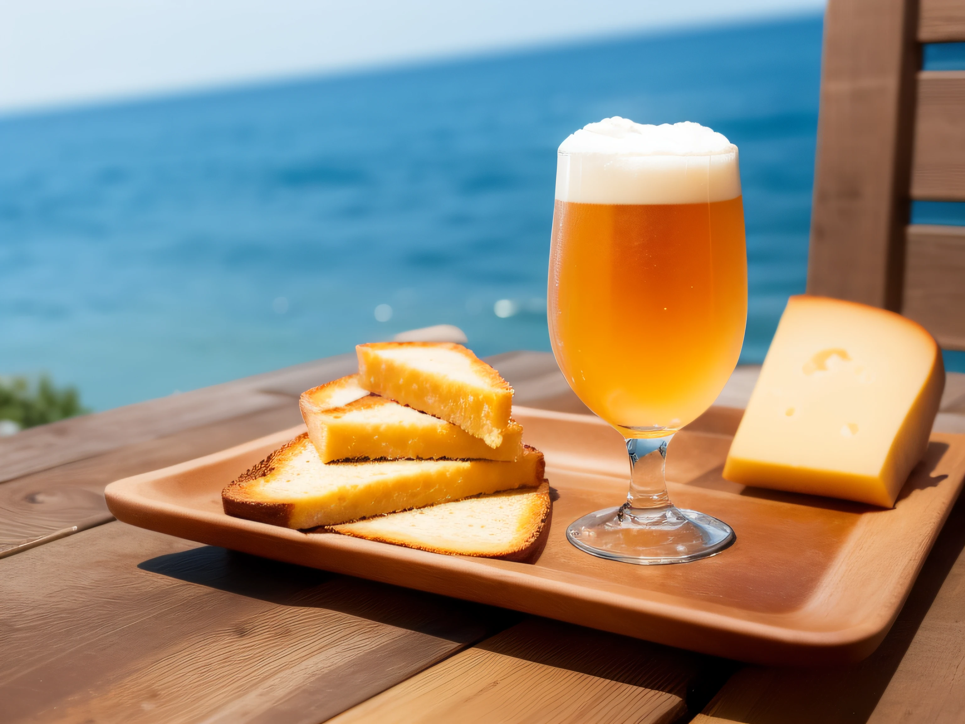 Summer sky with beer and cheese toast。Top image quality。photos realistic。