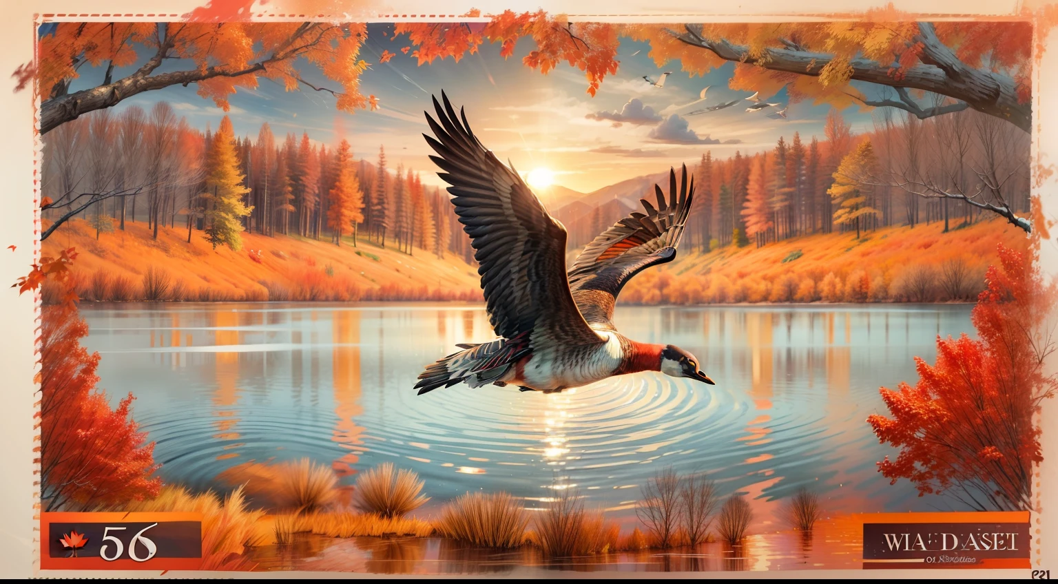 in style of postage stamp design , Concept 5: Goose Over Maple Sunset Painting Description: Painting of a Canada goose flying over a lake at sunset, mirrored in the water surrounded by orange and red maple trees.