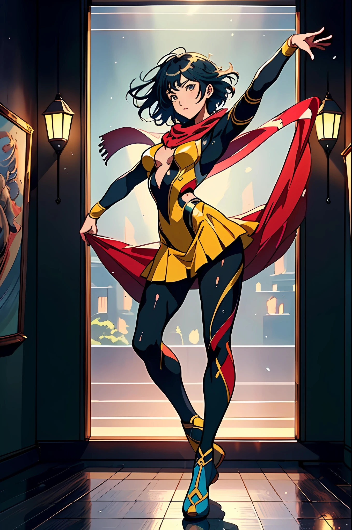 a beautiful woman with short-haired, determined expression, focused gaze, Her petite yet athletic figure resembles that of a gymnast, she wears a red and yellow two-tone long shawl, she wears a sophisticated bodysuit and a skirt, the character design depicting a fantasy-style female dancer with a Japanese anime design, the artwork features finely detailed character design, showcasing a mature Japanese manga artistic style, ((character concept art)), full body character drawing, high definition, best quality, ultra-detailed, extremely delicate, anatomically correct, symmetrical face, extremely detailed eyes and face, high quality eyes, creativity, RAW photo, UHD, 8k, (Natural light, professional lighting:1.2, cinematic lighting:1.5), (masterpiece:1.5)