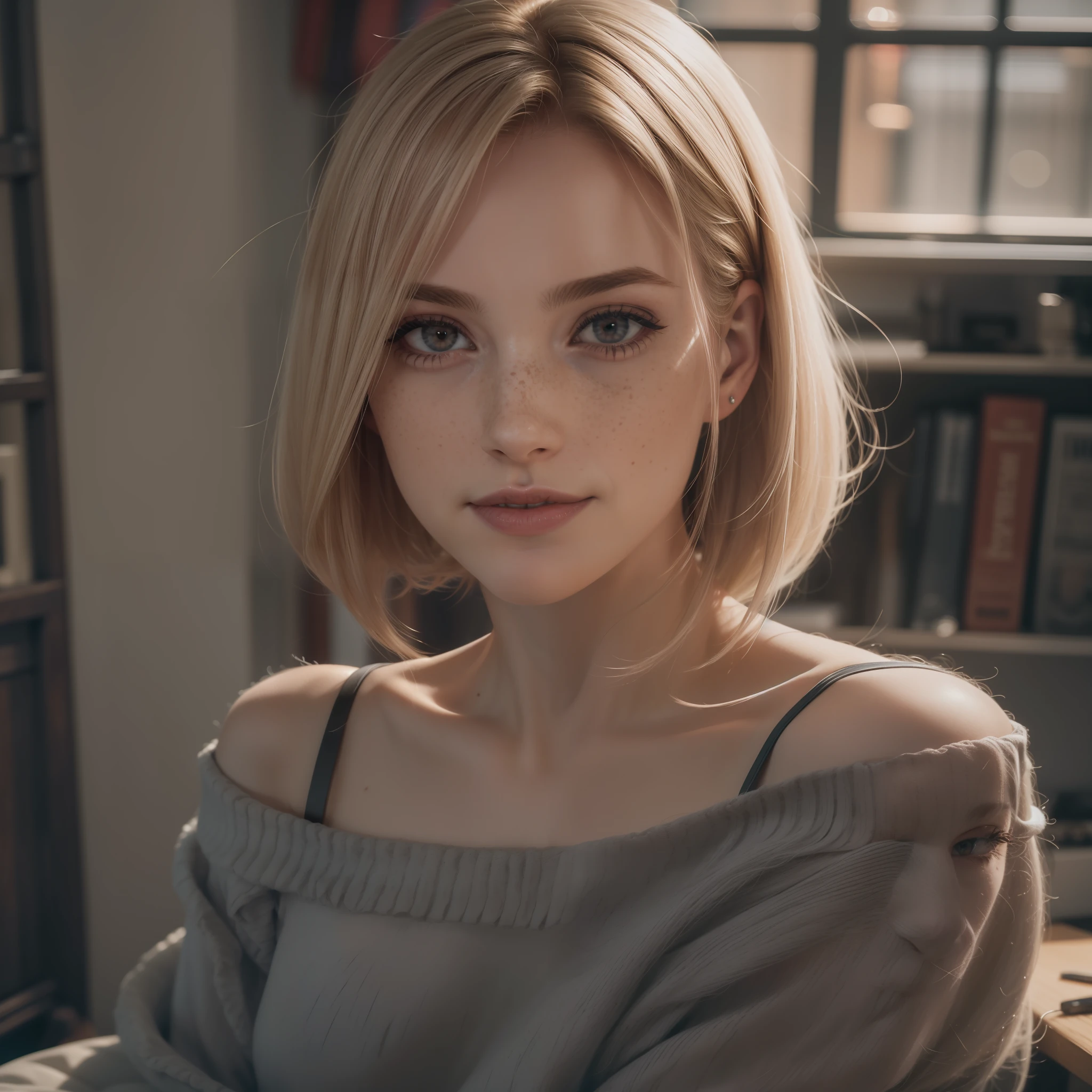 Rosto de uma mulher, americana, 30 anos, pale skin and freckles, olhos cinzas, nariz delicado, soft and delicate lips, cabelo blondie cinza longo e ondulado, ultrarrealista HD fotorrealista altamente renderizado sorriso perfeito