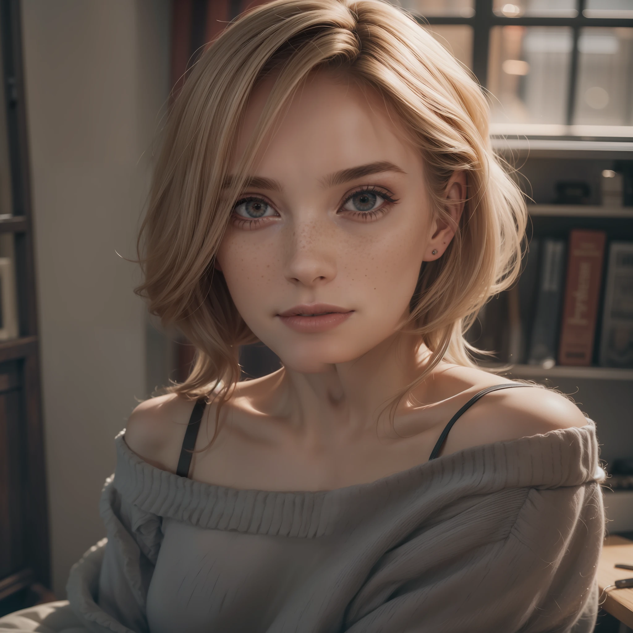 Rosto de uma mulher, americana, 30 anos, pale skin and freckles, olhos cinzas, nariz delicado, soft and delicate lips, cabelo blondie cinza longo e ondulado, ultrarrealista HD fotorrealista altamente renderizado sorriso perfeito