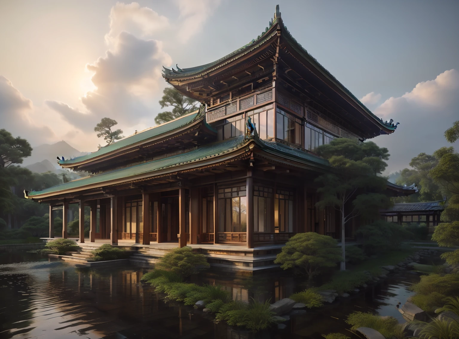 Glass window, , (masterpiece),(high quality), best quality, real,(realistic), super detailed, (full detail),(4k),8k,architecture, building, bush, city, east_asian_architecture, forest, grass,  nature, no_humans, outdoors, pagoda, plant, river, scenery,  tree, water, tile roof