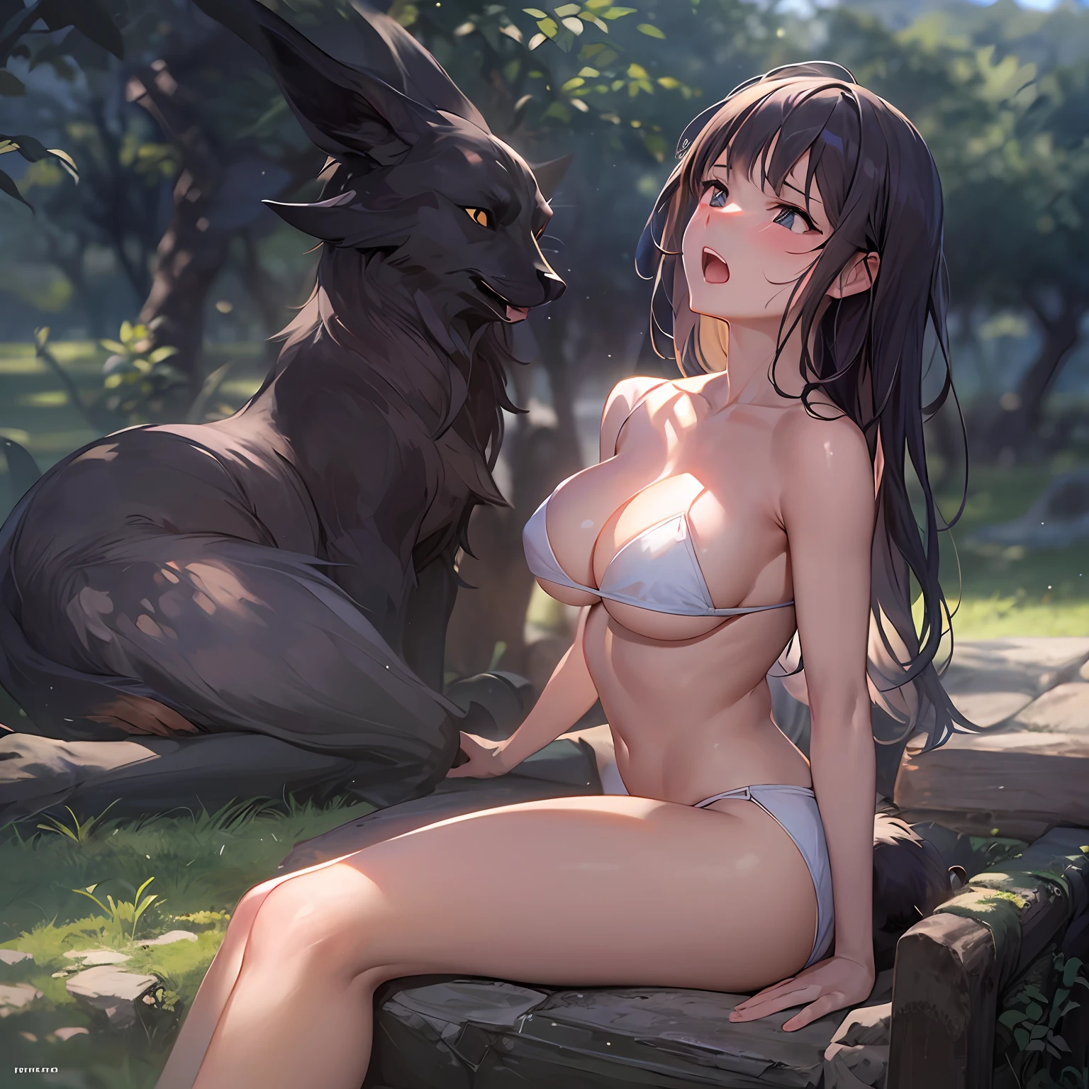 top-quality、​masterpiece、超A high resolution、(Photorealsitic:1.4)、One girl yawning in the park、Panting face、A dark-haired、Functional、Bewitching、Dramatic Lighting、full body Esbian、maikurobikini、huge-breasted、Getting from behind、a park、Pubic hair shows through、all-fours、blushed face、Functional、Nasty、the kiss