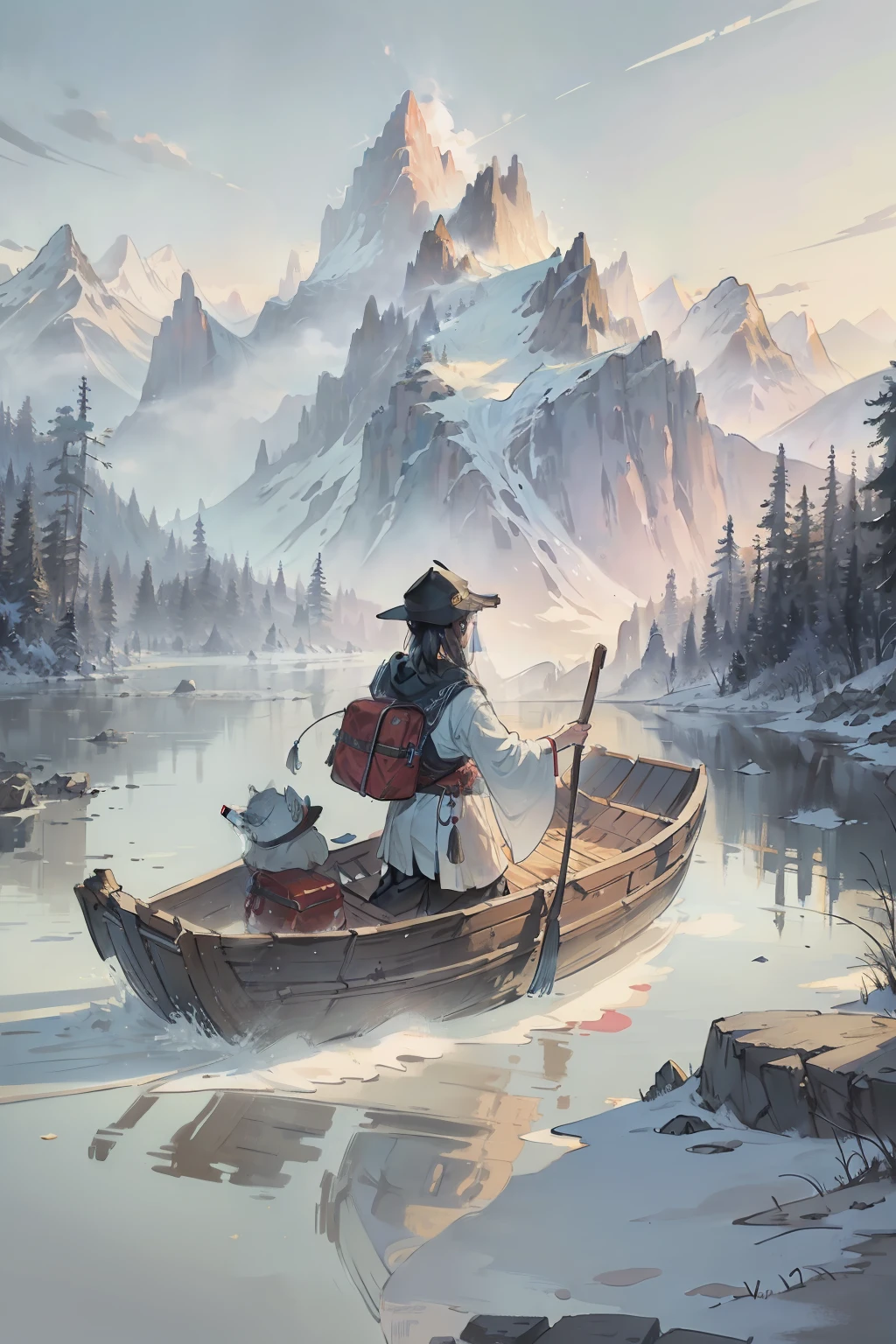 tmasterpiece,best qualtiy:1.2),Pure ink ancient style,wonderland(Meticulous depiction,There are mountains,Eau,Raft)