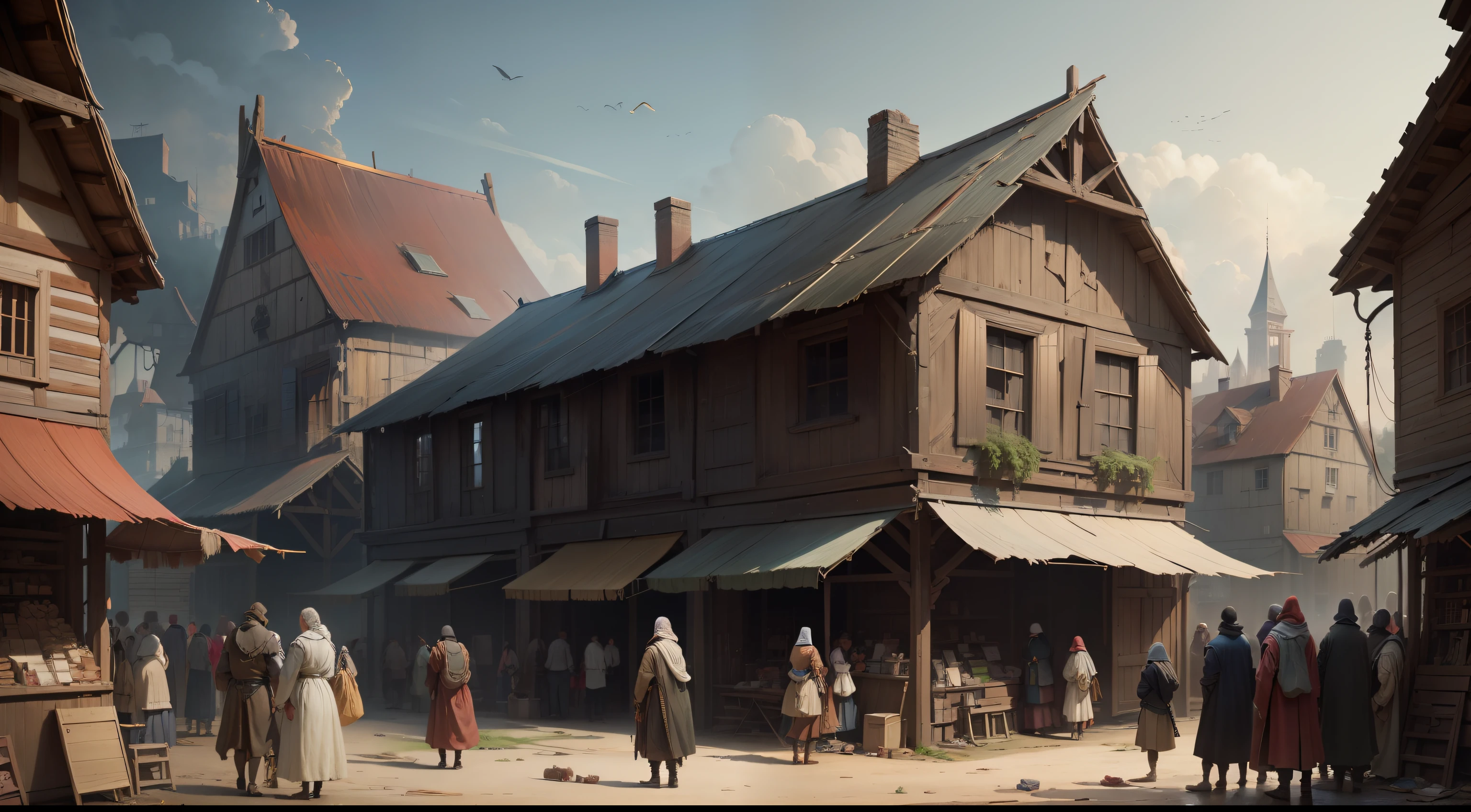 Crowded crowds,Tattered costumes,Dilapidated trade market,Dilapidated low wooden plank building,Poor medieval people,Beggars everywhere,Narrow paved roads,4k highly detailed digital art,Intricate, High detail, Sharp focus, Dramatic,