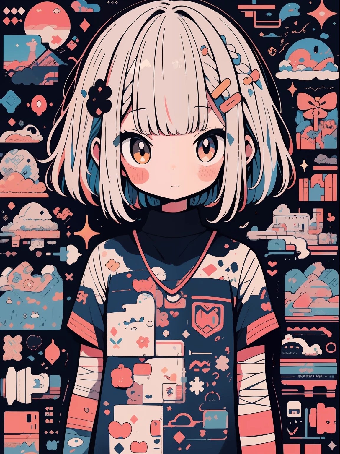 hightquality、Colorful color palette、high-level image quality、Kawaii Girl、Unprecedented amount of drawing、anime styled、Geometric pattern background、sticker style、short hair、dark hair、brown eyes, messy hair, front facing, hands posing, menhera, bandages, loose clothing