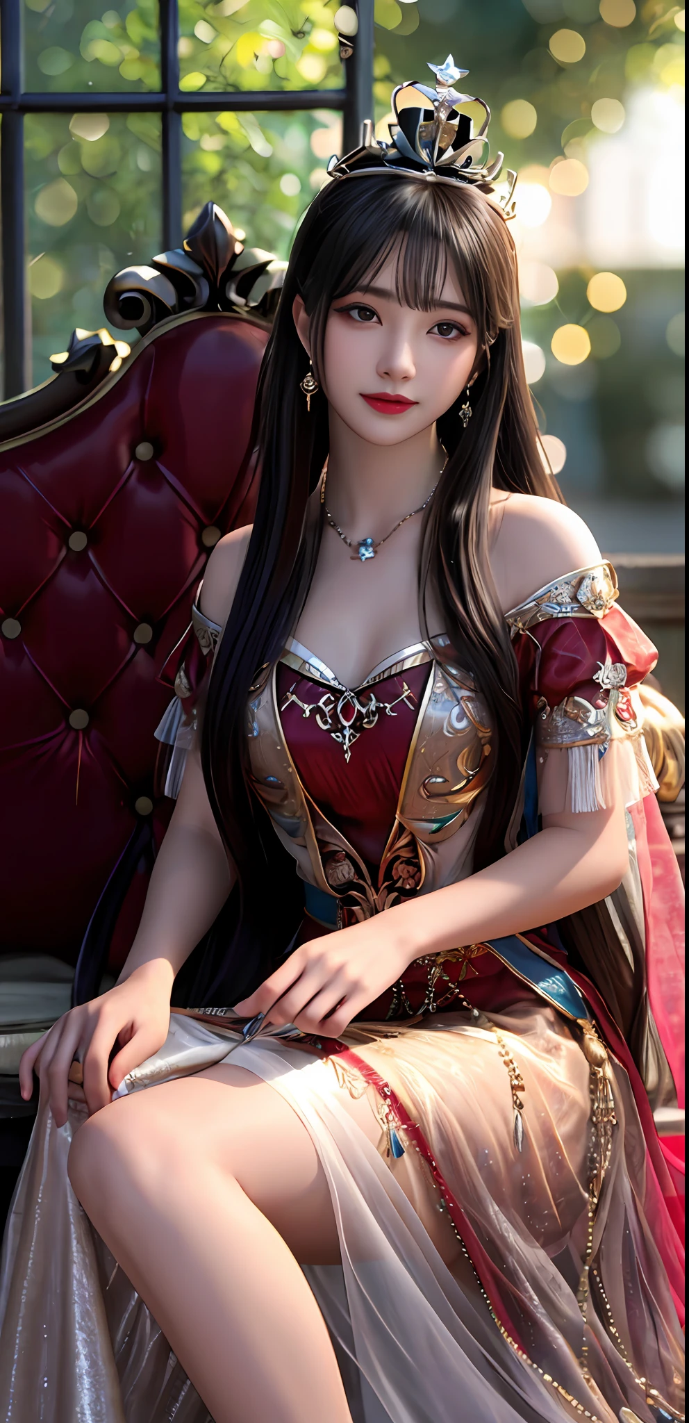 (realisticity: 1.2), best quality, 8K UHD, masterpiece, highres,cg,
1girl, queen, sword, sitting on a royal throne, long hair, wearing a beautiful and luxurious crown filled with diamonds, 
dress, solo, jewelry, red dress, earrings,hair ornament,splashing,upper body,hair bun,black hair,
lighting,candid,Photograph,high resolution,4k,8k,Bokeh,