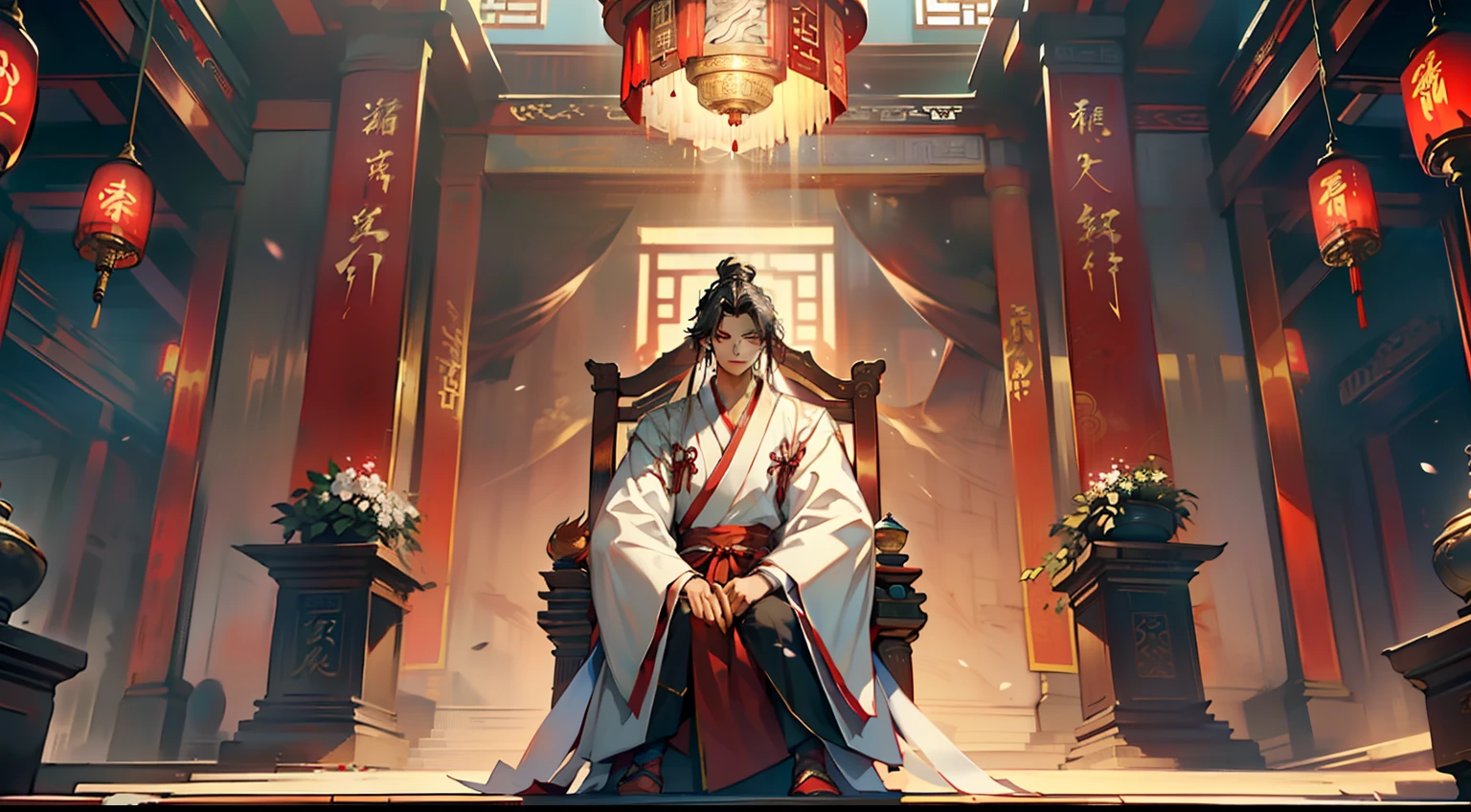 18, (1 personne) (boy, ((jeunesse blanche Hanfu)), (((Cheveux longs et rouges))), Air royal, magnifique, beau, Exceptional temperament, seated on the sacred throne, regarder calmement, sans aucune expression) (background: Inside the sacred and beautiful former Chinese imperial palace).