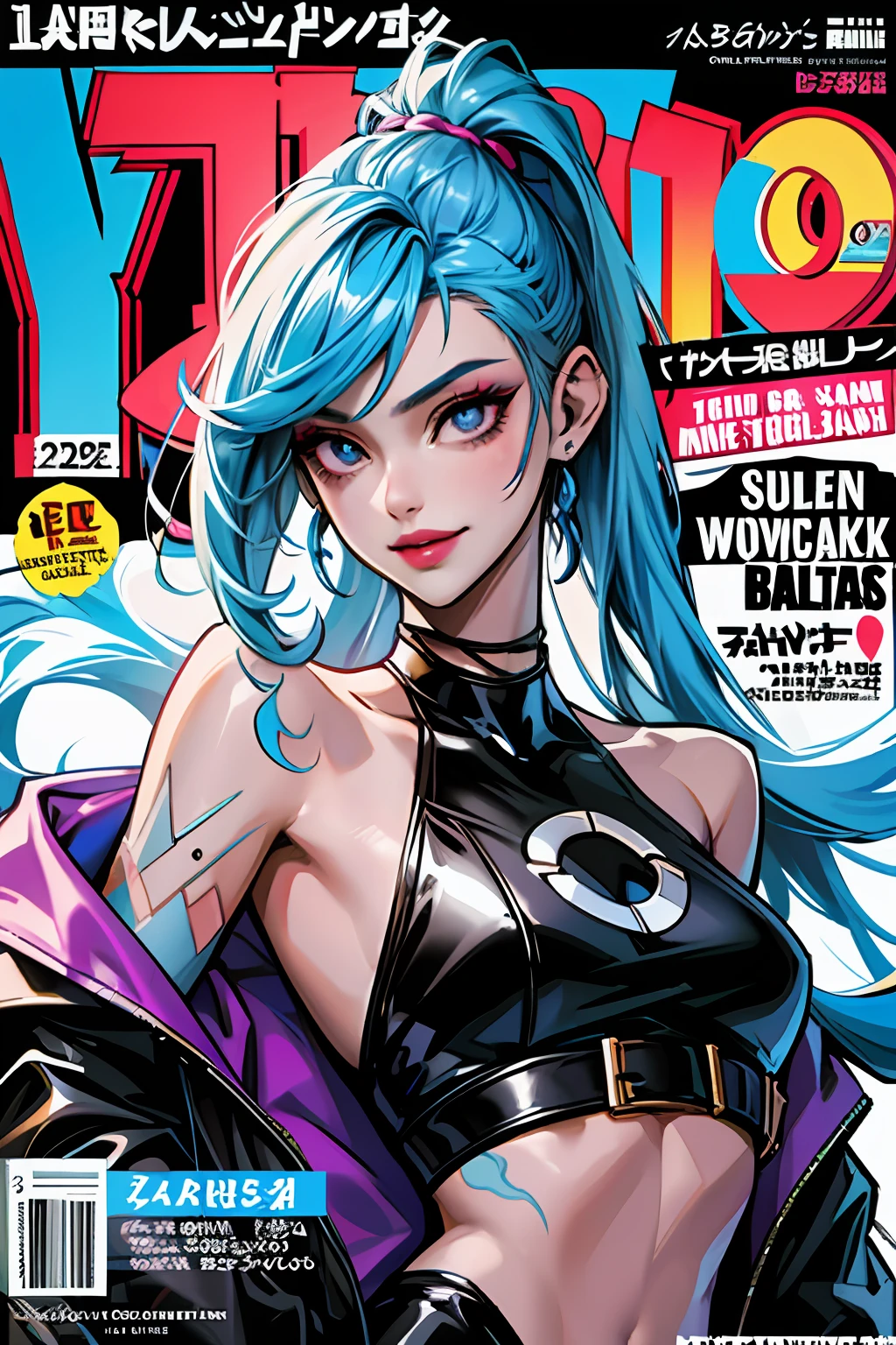 (MagazineCover:1.3),Extremely detailed magazine cover style digital painting, (Magazine cover style illustration of fashionable women dressed vibrantly), Abs, adding a touch of fantasy to the scene, The cover text should be bold and eye-catching,Plus the title of the magazine and the catchy headline,(tmasterpiece,top Quority,best qualtiy,offcial art,Beauty and aesthetics:1.2),contemporary aesthetics,Blue hair,Mean smile, High-top swimsuit,cyber punk style,looking to the camera, Side lighting, Makeup, Makeup,(little breast:2),Poor milk