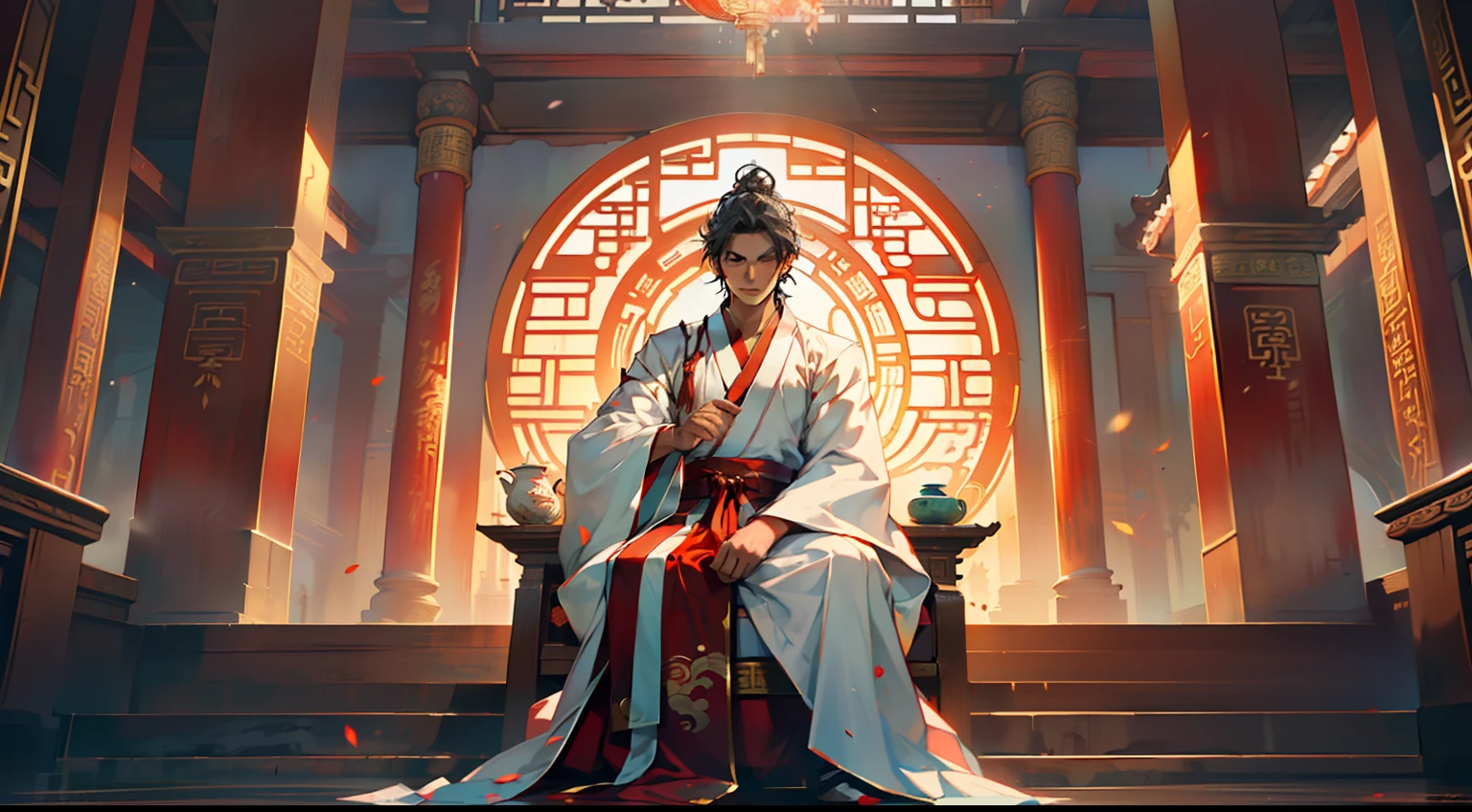 18, (1 personne) (boy, ((jeunesse blanche Hanfu)), (((Cheveux longs et rouges))), Air royal, magnifique, beau, Exceptional temperament, seated on the sacred throne, regarder calmement, sans aucune expression) (background: Inside the sacred and beautiful former Chinese imperial palace).