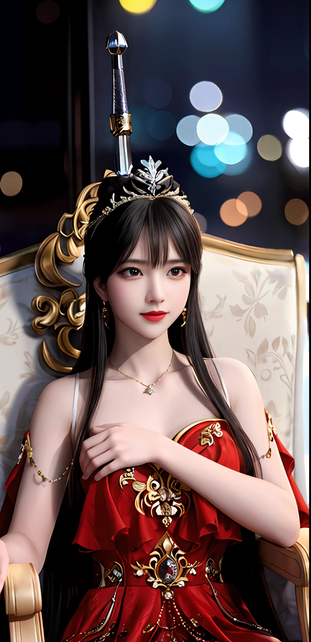 (realisticity: 1.2), best quality, 8K UHD, masterpiece, highres,cg,
1girl, queen, sword, sitting on a royal throne, long hair, wearing a beautiful and luxurious crown filled with diamonds, 
dress, solo, jewelry, red dress, earrings,hair ornament,splashing,upper body,hair bun,black hair,
lighting,candid,Photograph,high resolution,4k,8k,Bokeh,